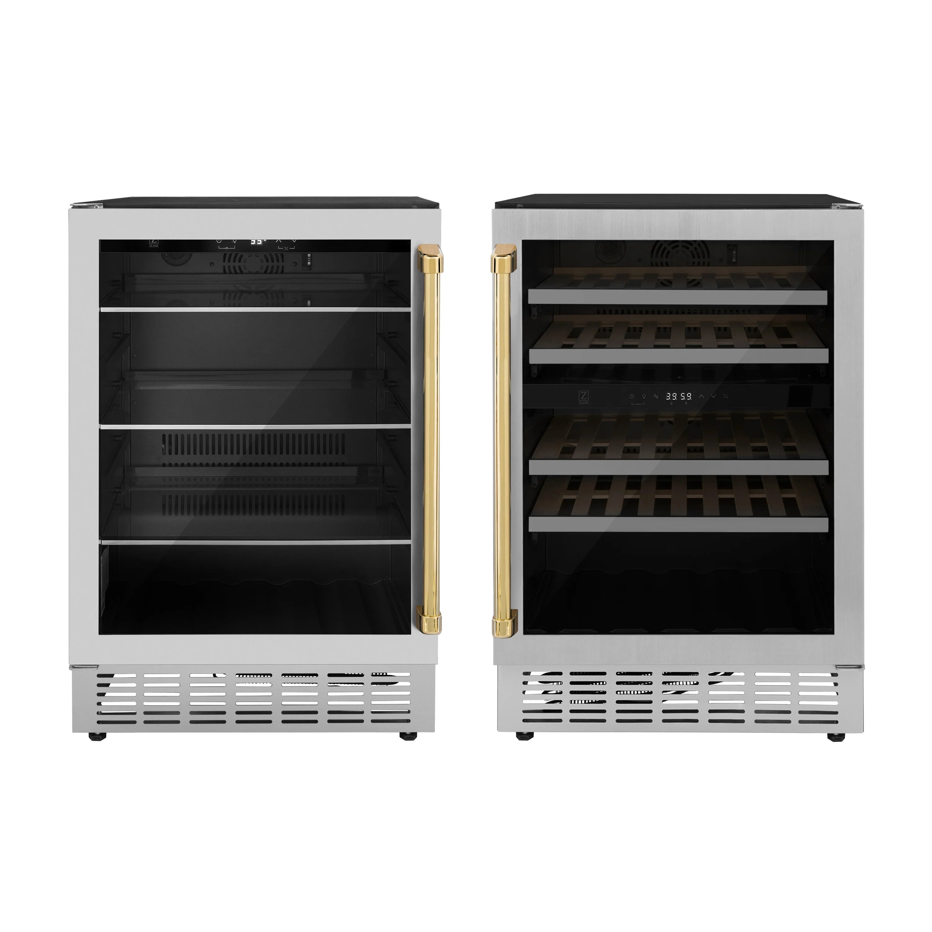 Pair of stainless steel coolers with black glass doors and matching gold handle accents