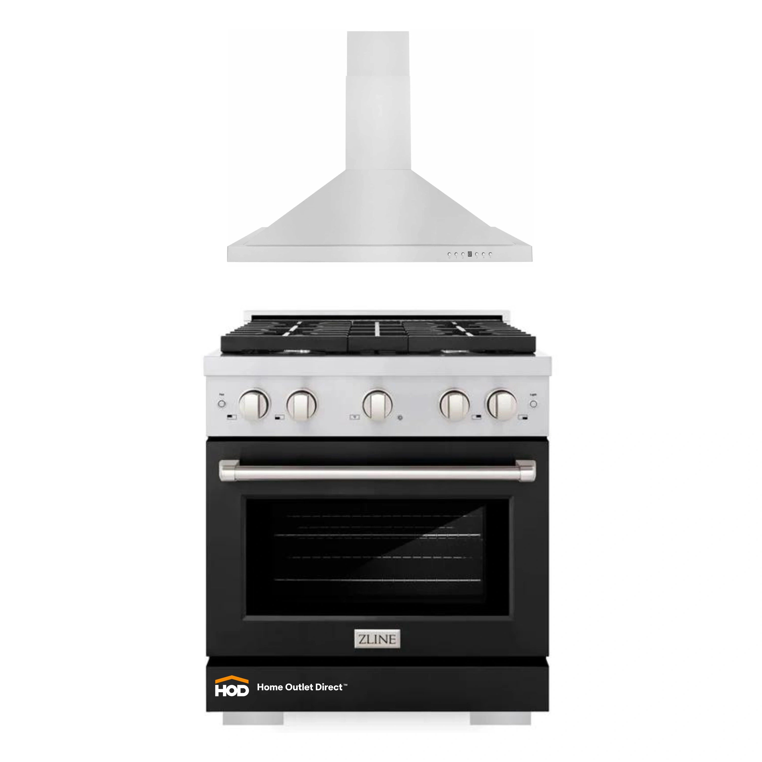Stainless vent hood above a black gas range with front knobs and oven door