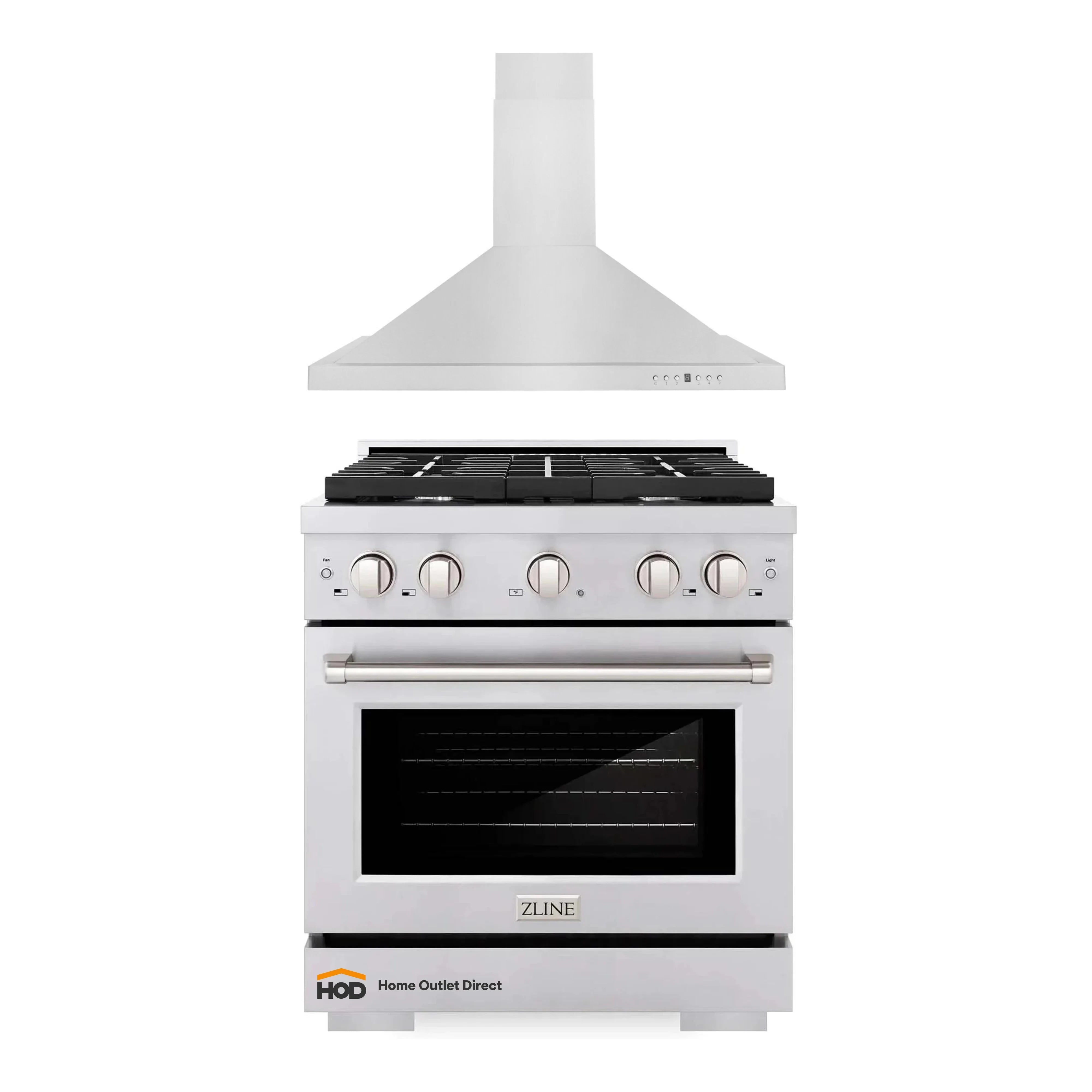 Stainless gas range with vent hood above, front view with control knobs