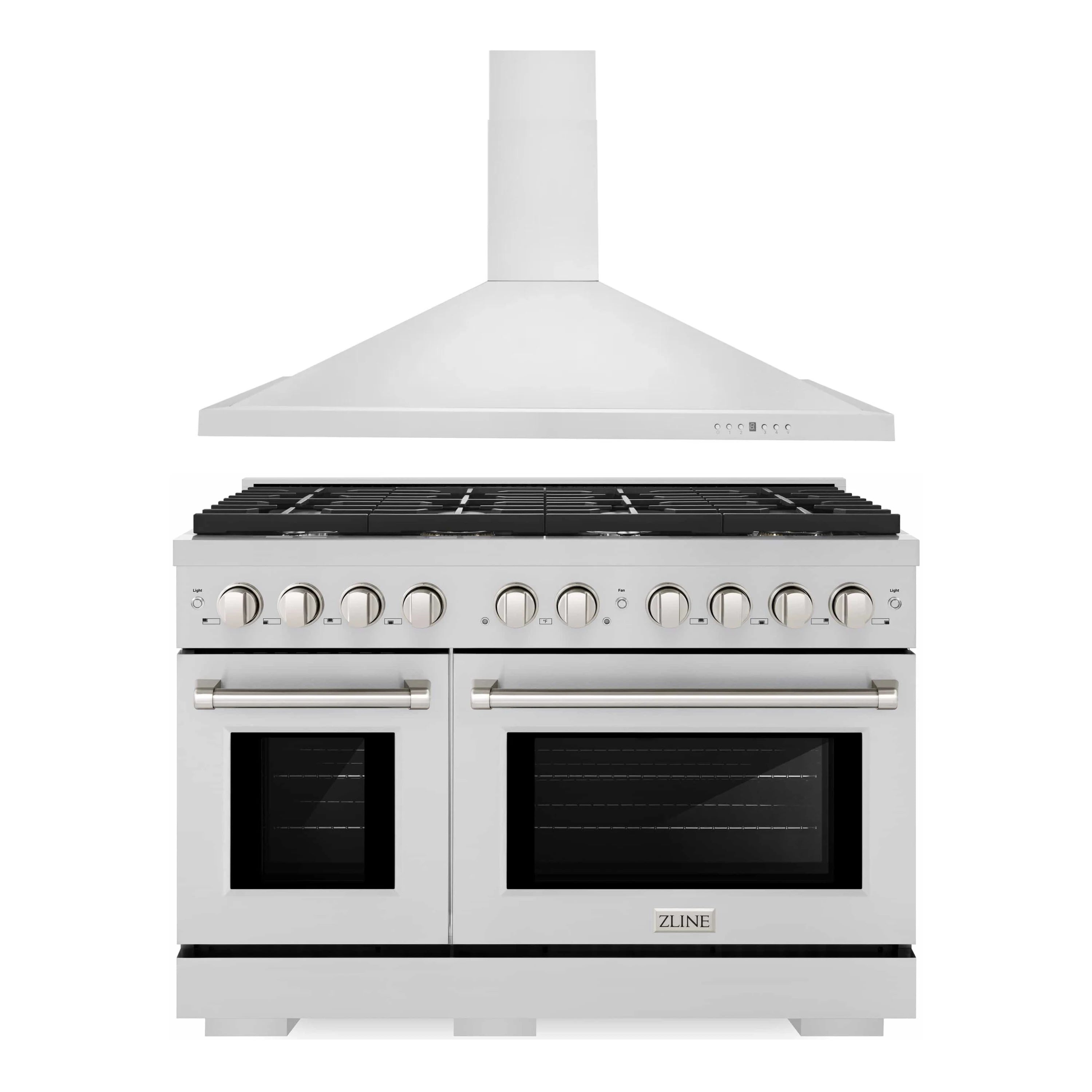 Stainless gas range with convertible vent hood and centered flue above cooktop