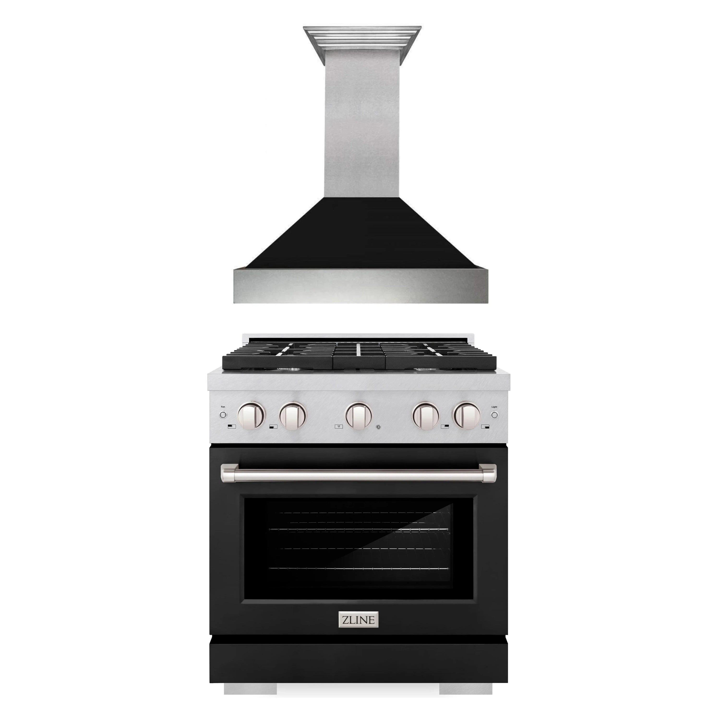 30-inch gas range with satin stainless steel chimney hood and control knobs
