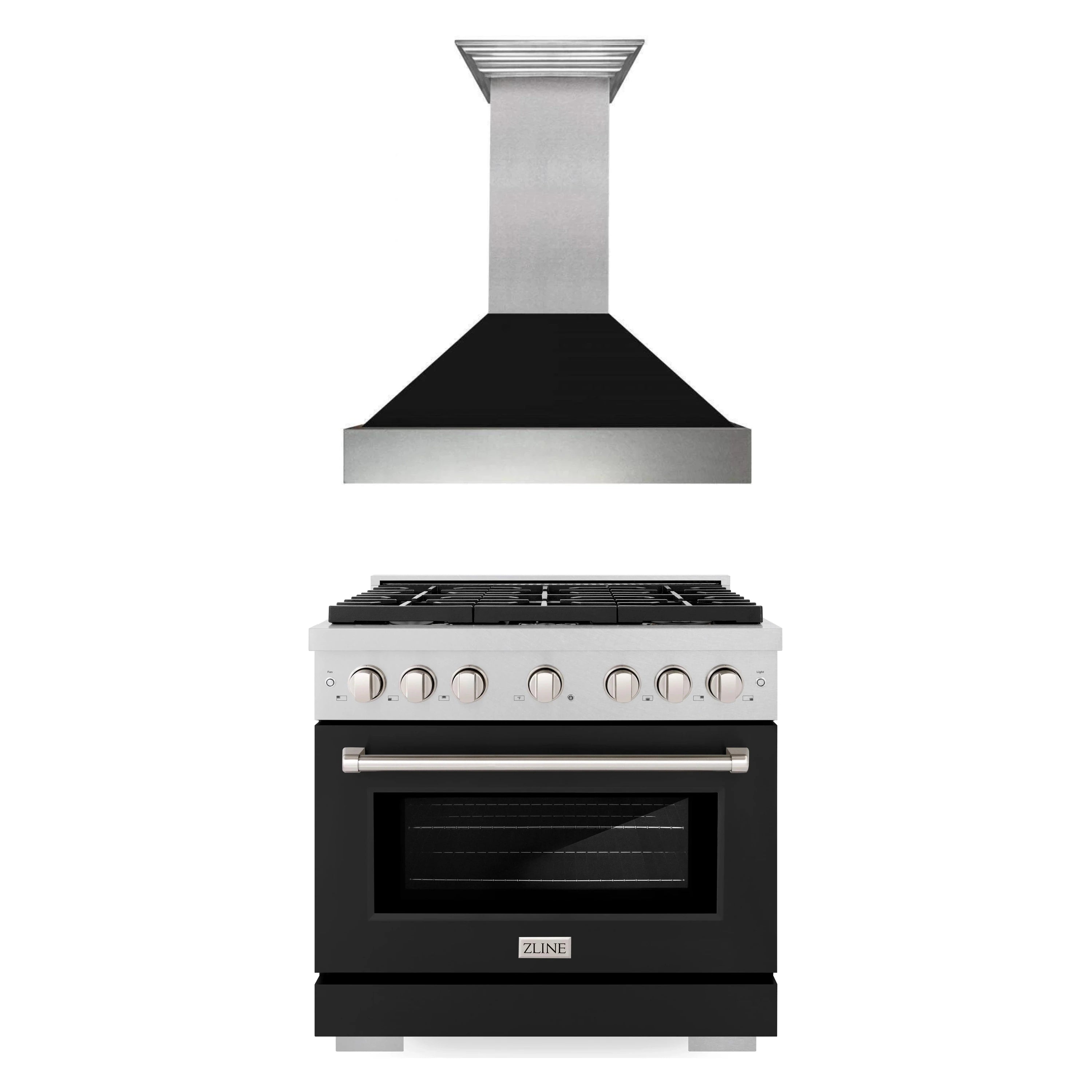 ZLINE 36 in gas range with satin stainless hood, front view