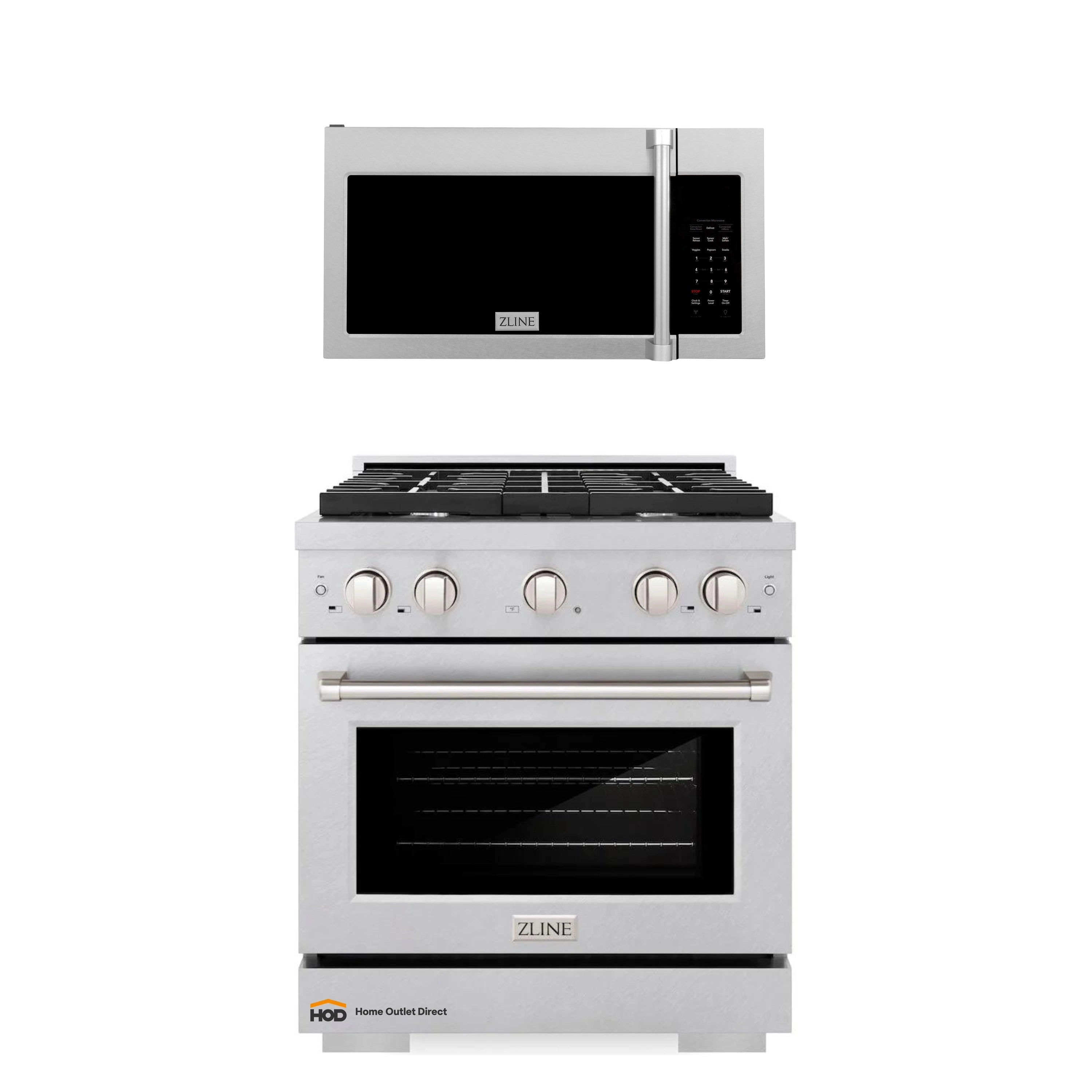 Satin stainless steel gas range with over-the-range microwave, front view with controls