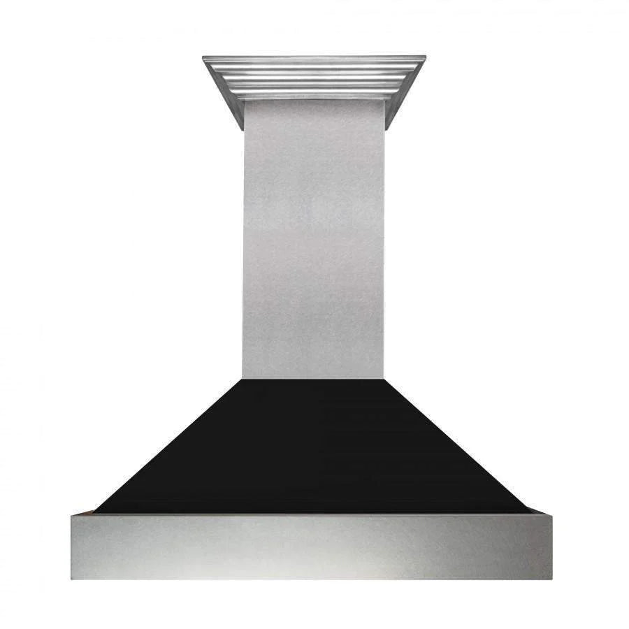 ZLINE satin stainless range hood with black matte chimney, front view