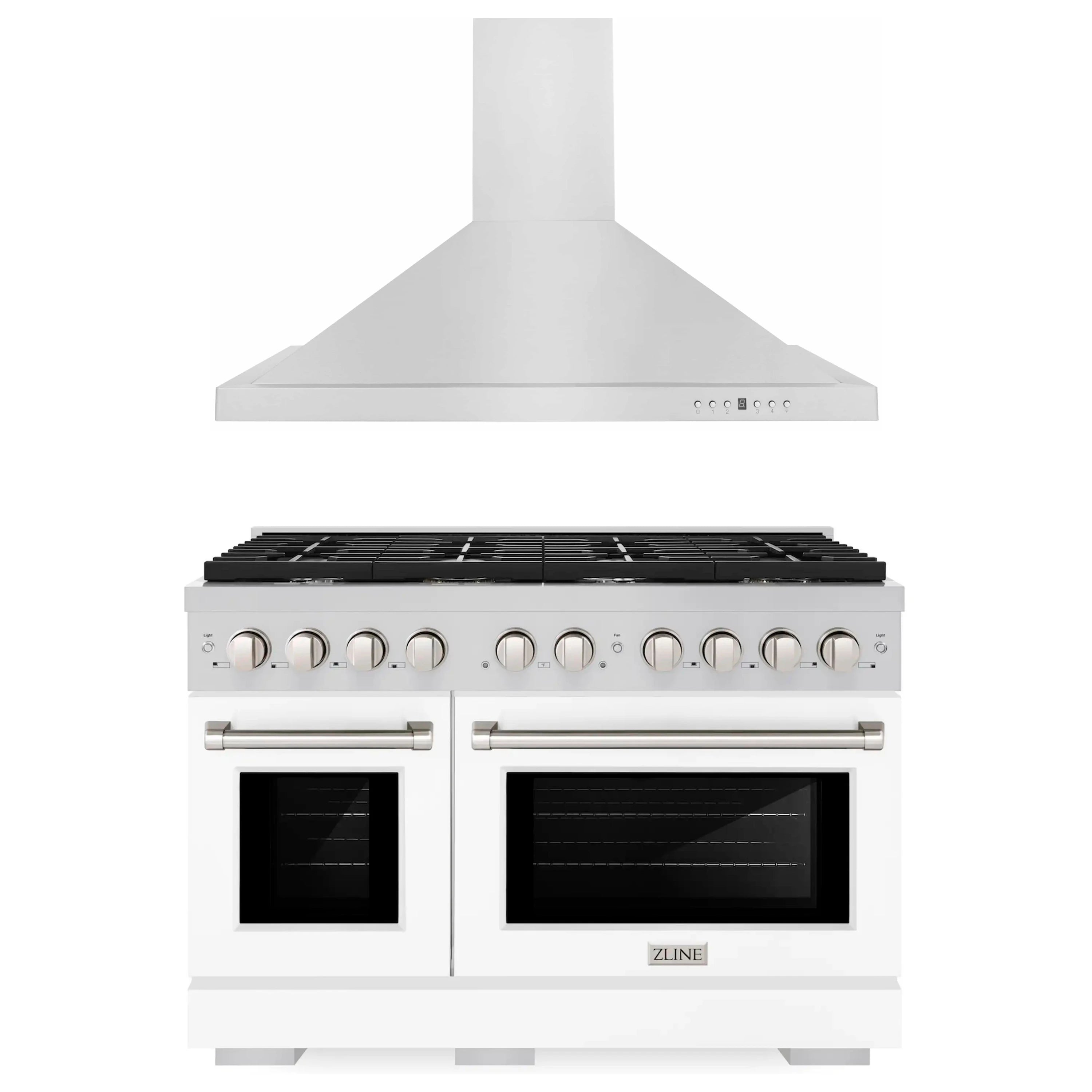 White gas range with dual oven windows and front control knobs, stainless knobs