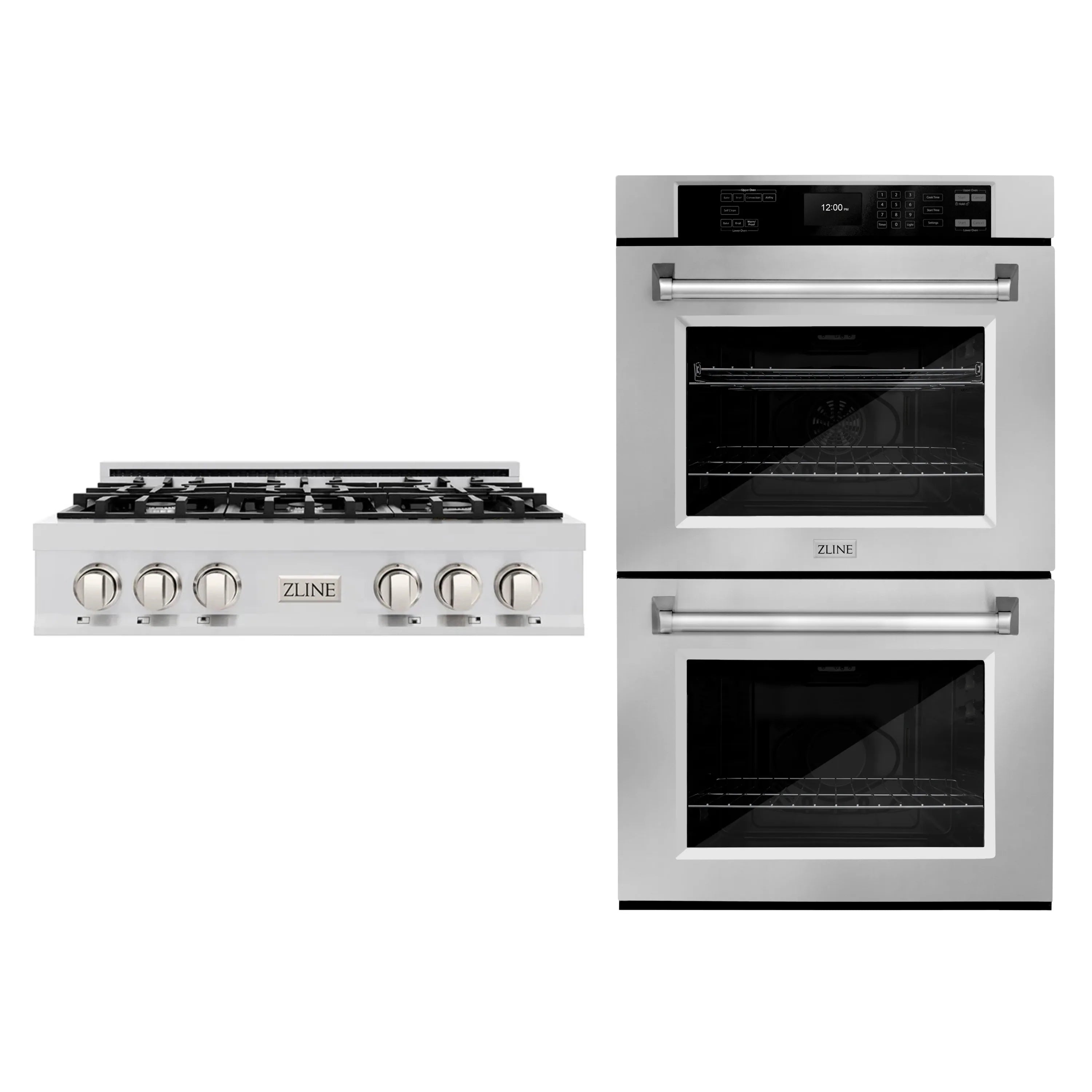 Stainless steel 2-piece kitchen appliance set: gas rangetop and double wall oven