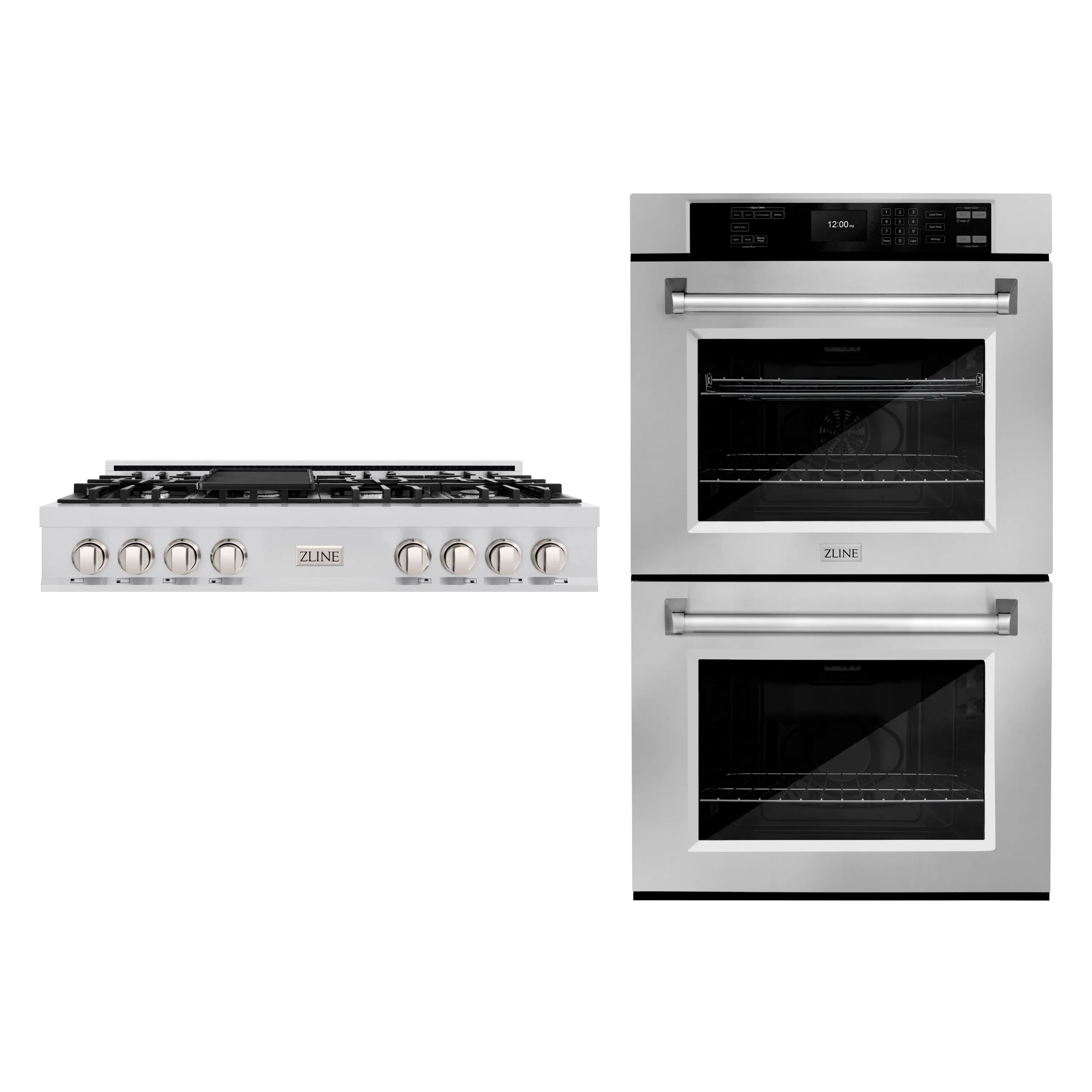 Stainless steel appliance set with gas rangetop and double wall oven