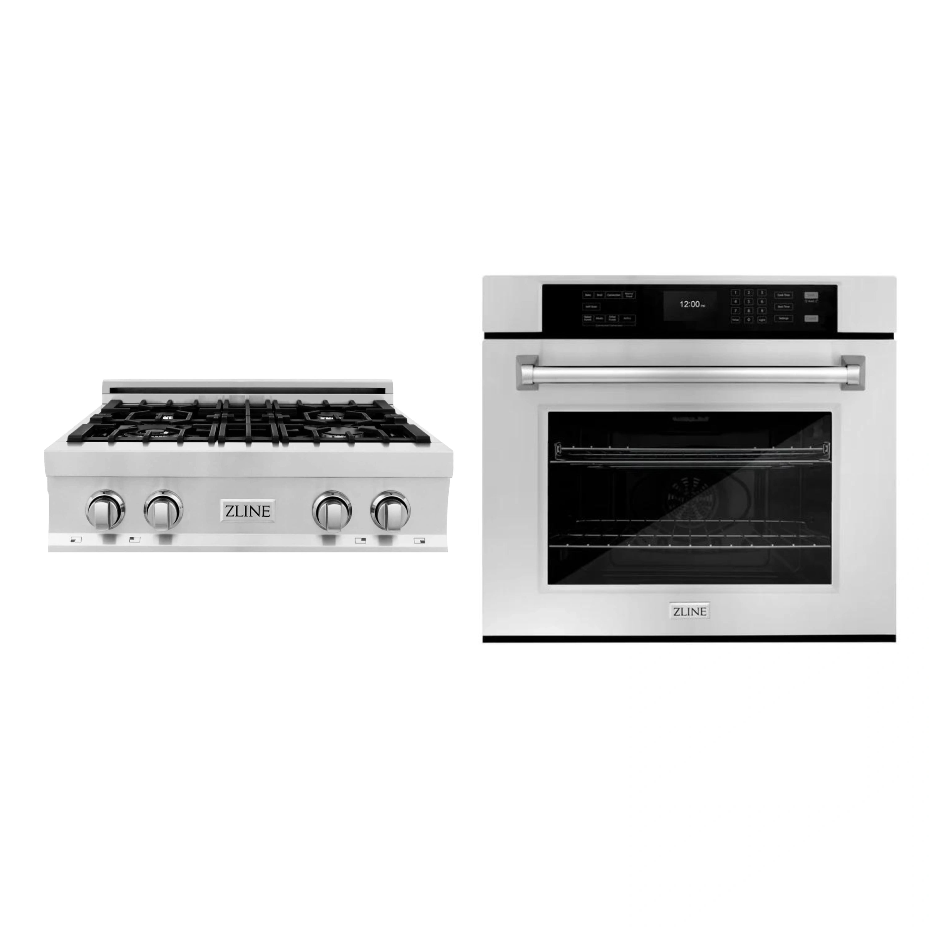 Stainless steel rangetop with burner grates and matching wall oven
