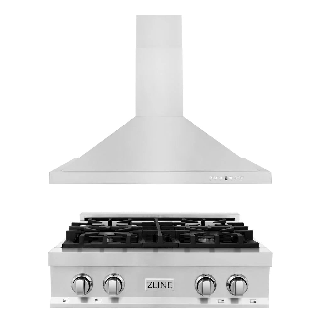 Stainless steel range hood and gas rangetop with four control knobs