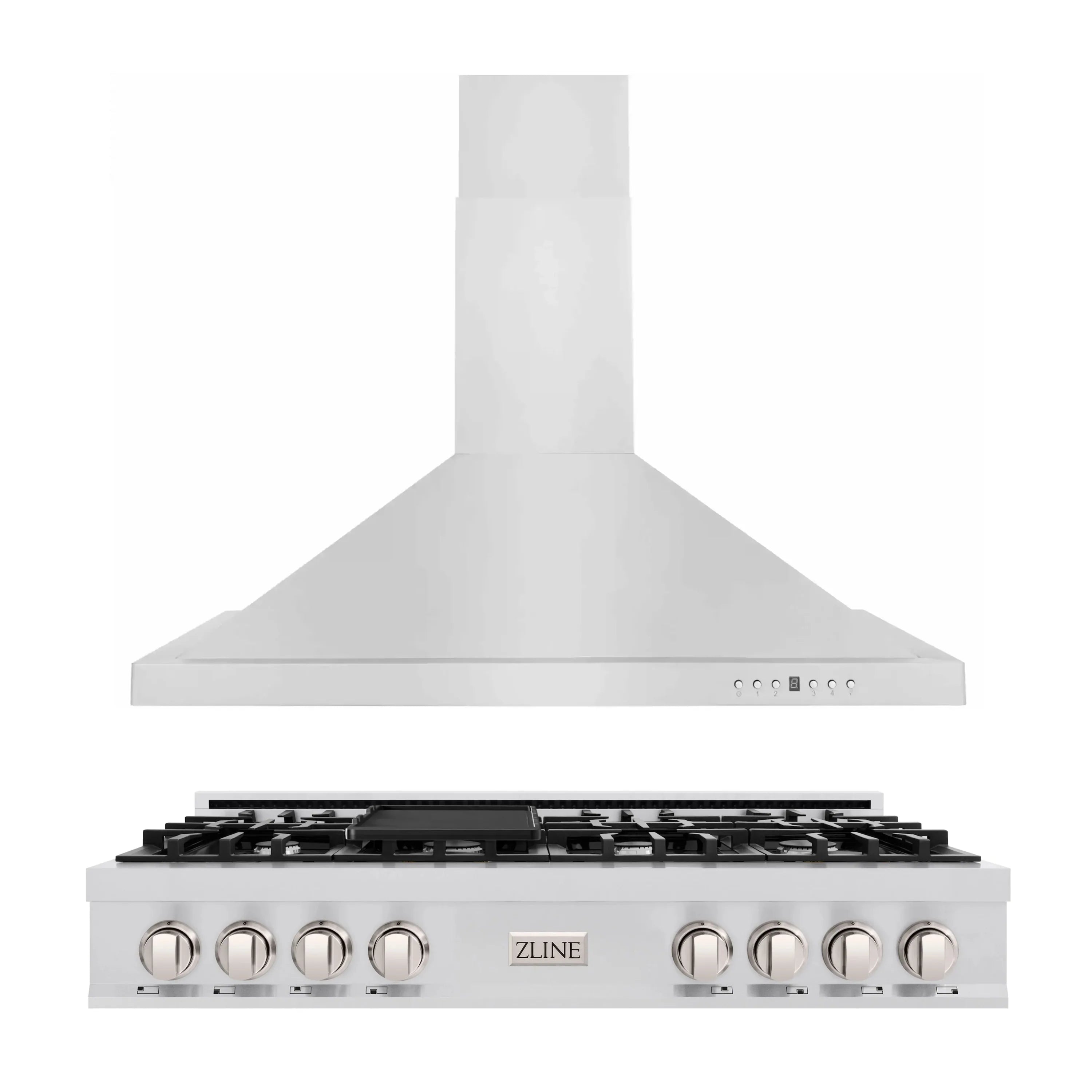 Stainless steel gas range with control knobs and convertible range hood above
