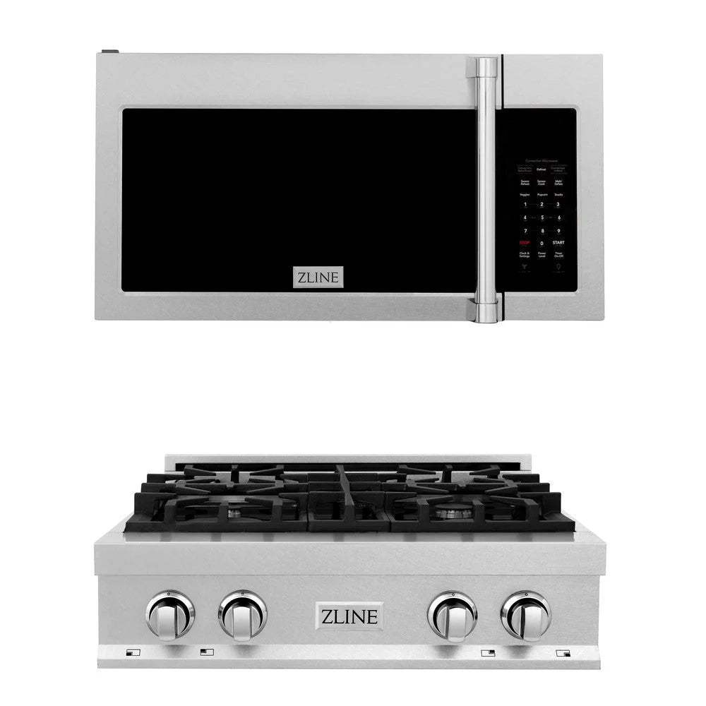 Matching satin stainless microwave and gas rangetop with control knobs and handle
