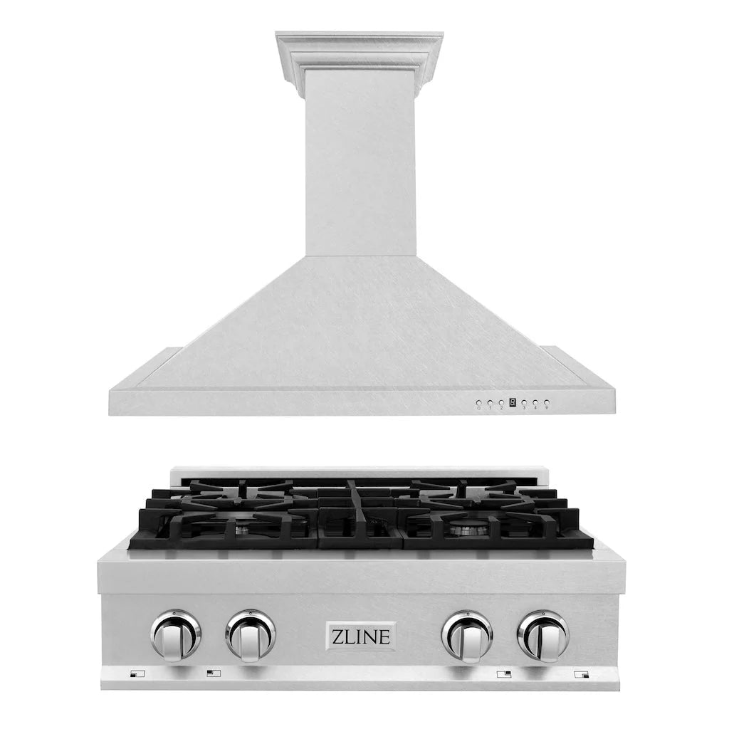 Convertible range hood with satin stainless steel and 4-burner gas range