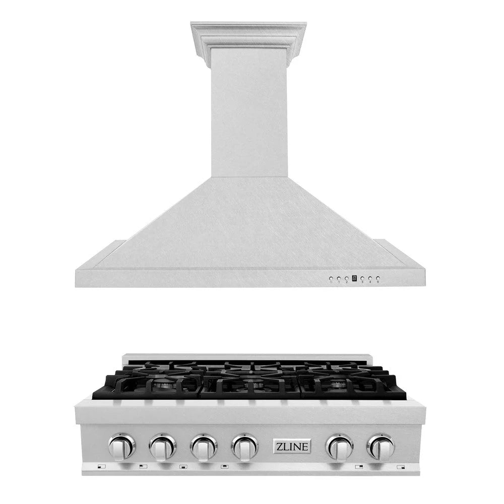 Satin stainless steel chimney range hood above ZLINE gas rangetop with burner grates