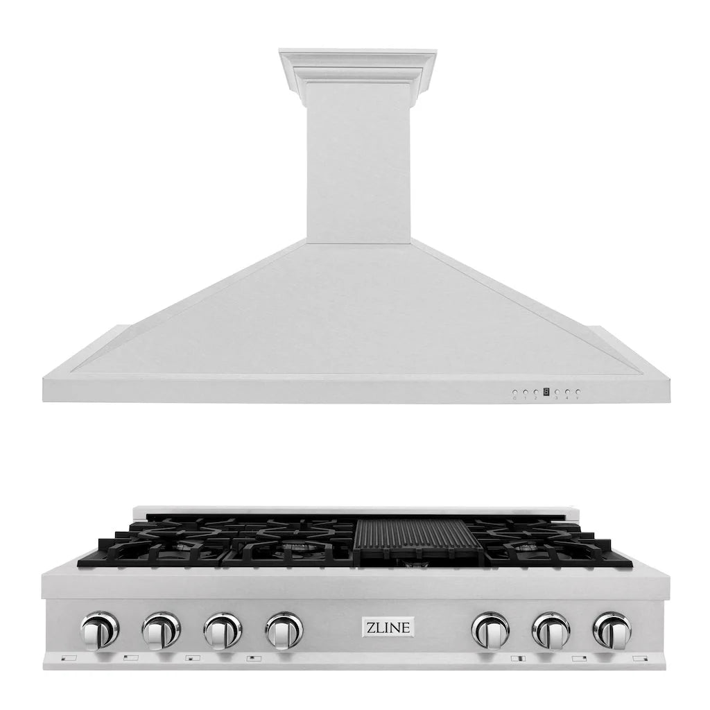 Satin stainless steel range hood with ZLINE gas cooktop and black burner grates