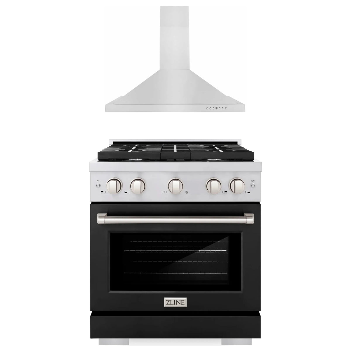 ZLINE 2-Piece Appliance Package - 30-inch Gas Range with Black Matte Door and Convertible Vent Range Hood in Stainless Steel (2KP-SGRBLMRH30)