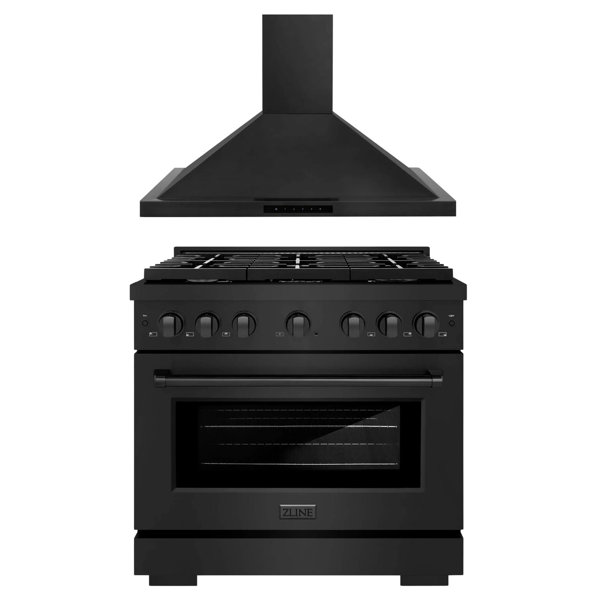ZLINE 2-Piece Appliance Package - 36-Inch Gas Range with Premium Convertible Wall Mount Hood in Black Stainless Steel (2KP-SGRBRH36)