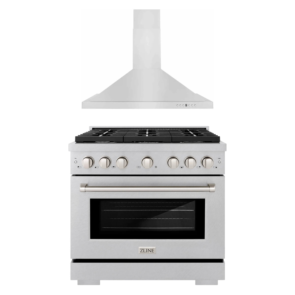 ZLINE 2-Piece Appliance Package - 36-inch Gas Range in Stainless Steel with Satin Stainless Steel Door & Convertible Wall Mount Hood (2KP-SGRSNRH36)