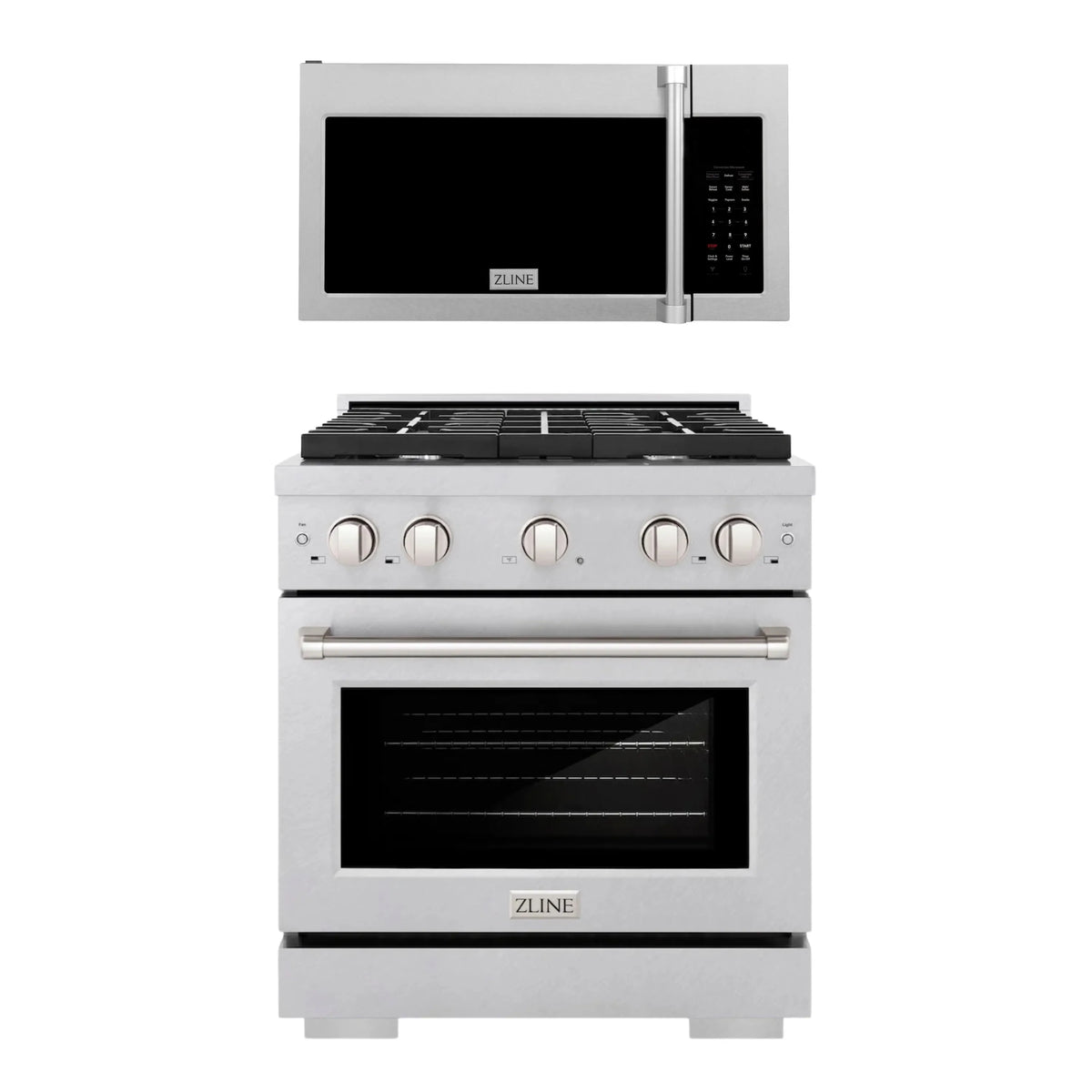 ZLINE 2-Piece Appliance Package - 30-Inch Gas Range & 30-Inch Over-The-Range Microwave Oven in Satin Stainless Steel (2KP-SGRSOTRH30)