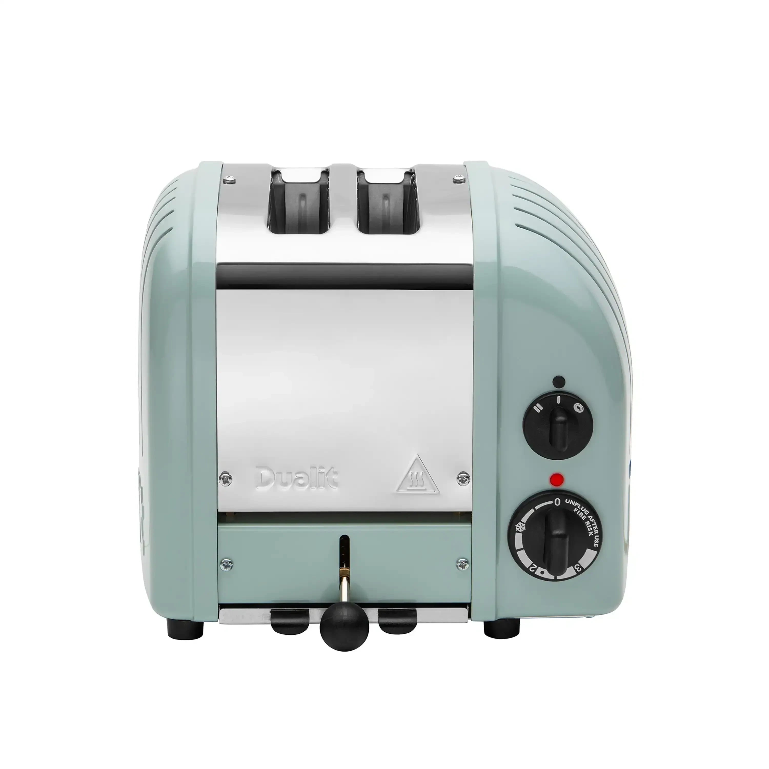 Eucalyptus Dualit 2-slice toaster with black dials and front lever slots