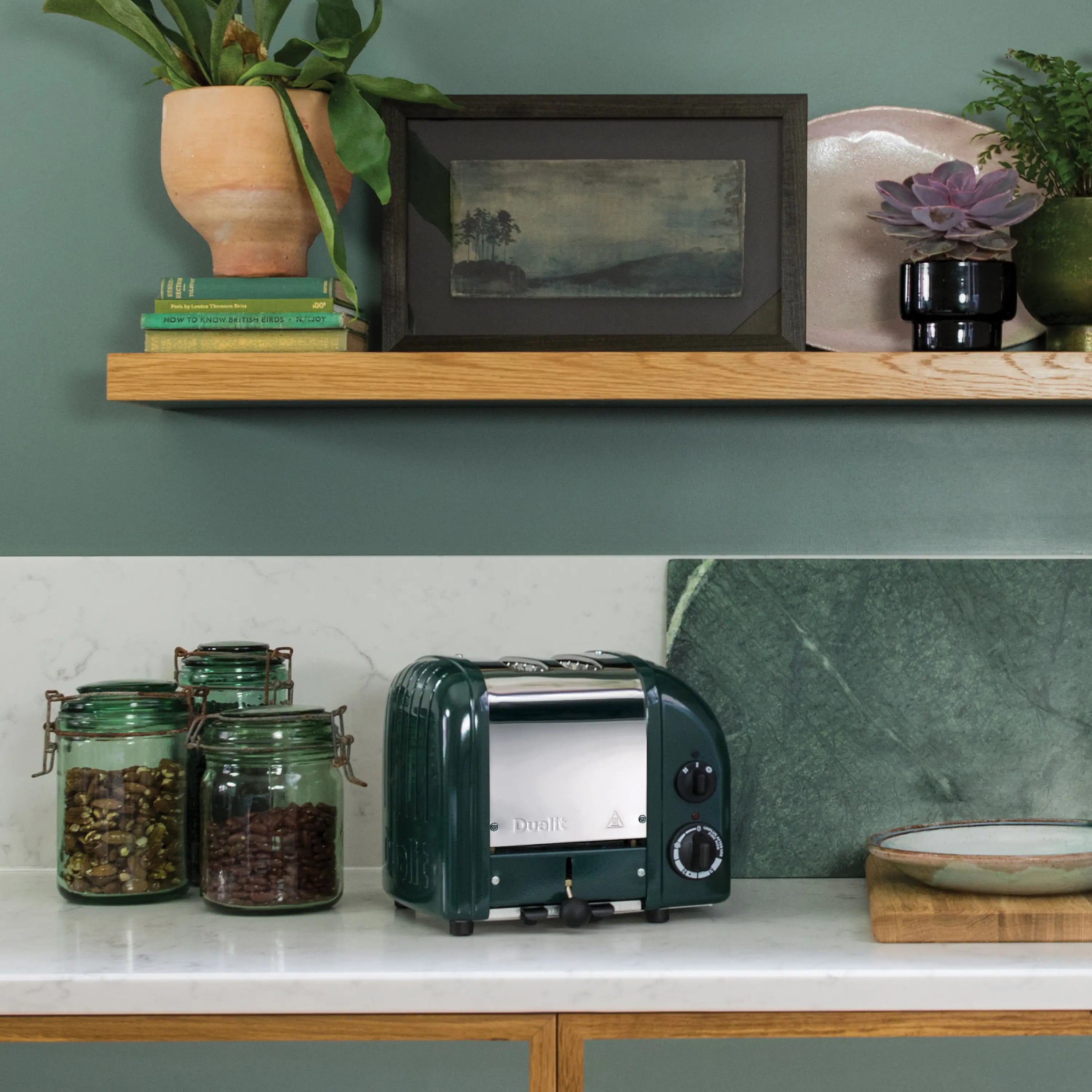 Evergreen two-slice toaster on a kitchen countertop
