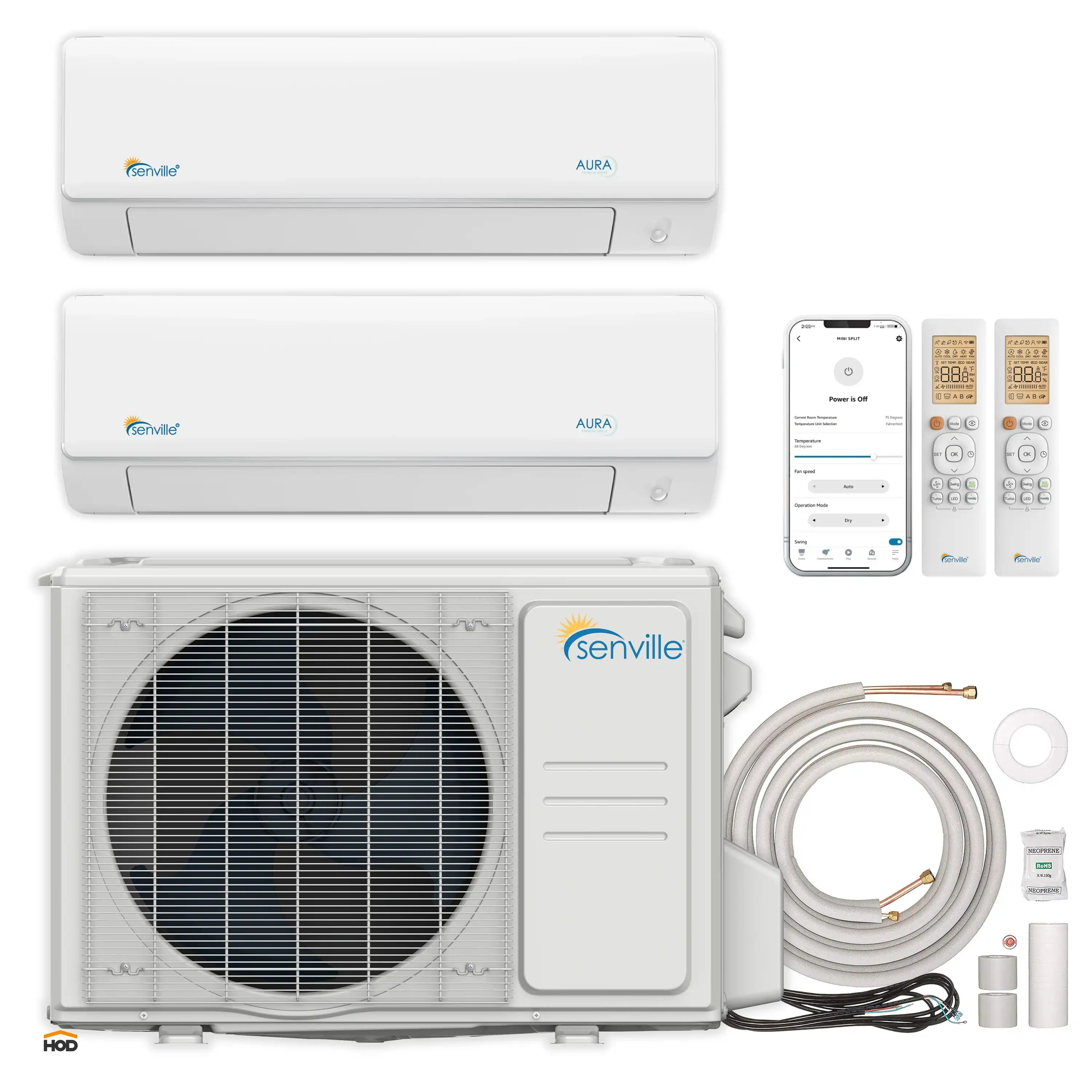 Ductless mini split heat pump system with two wall air handlers, outdoor condenser, and accessories