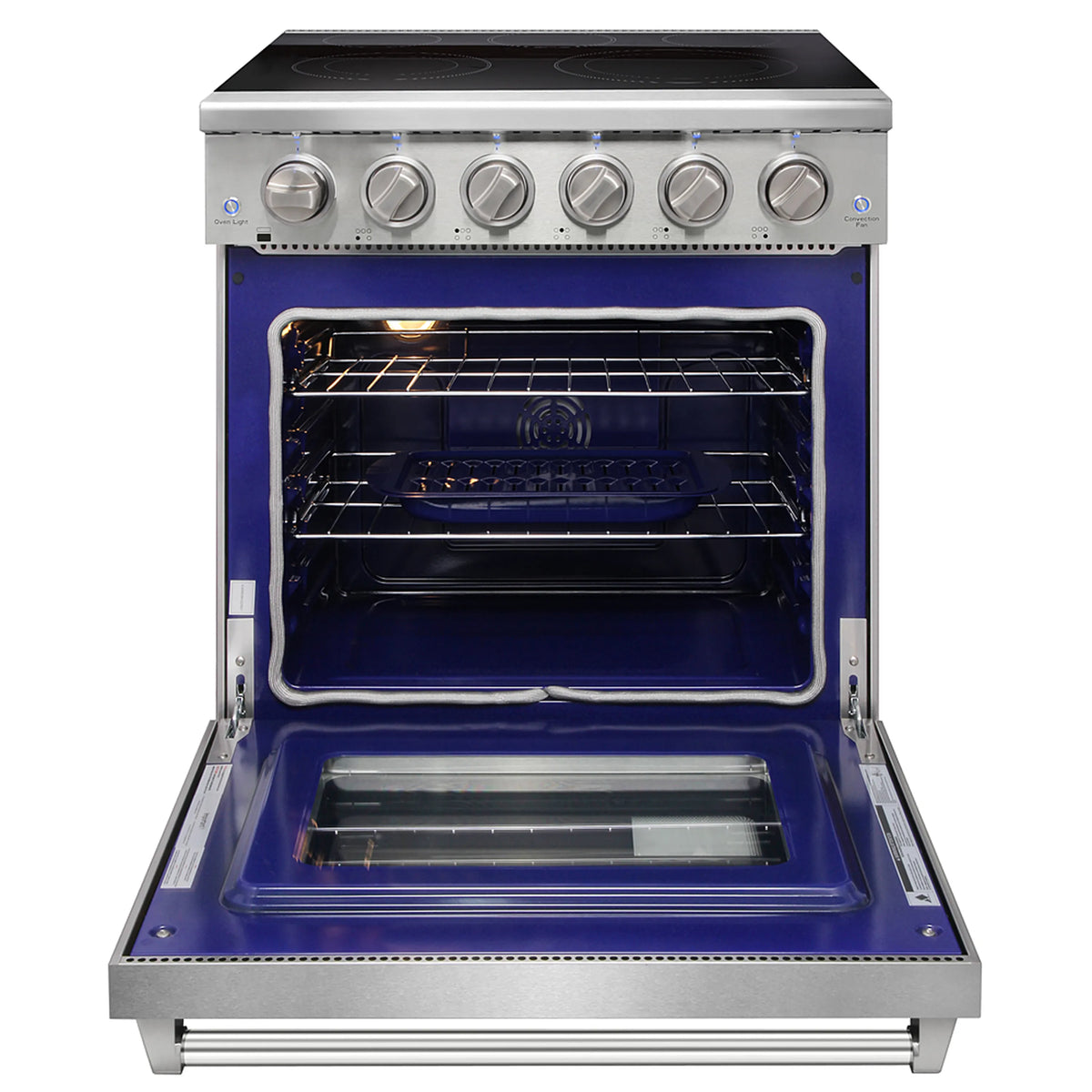 Stainless electric range with open oven door, wire racks, and illuminated interior