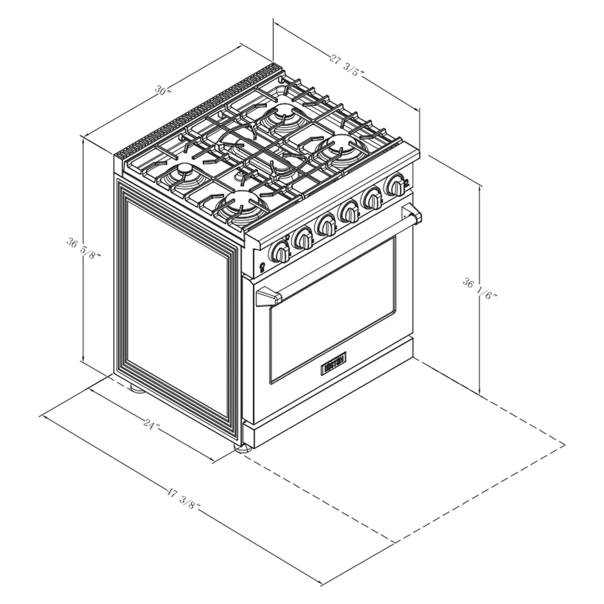 White propane gas range with 5 burners and convection oven, dimension diagram.