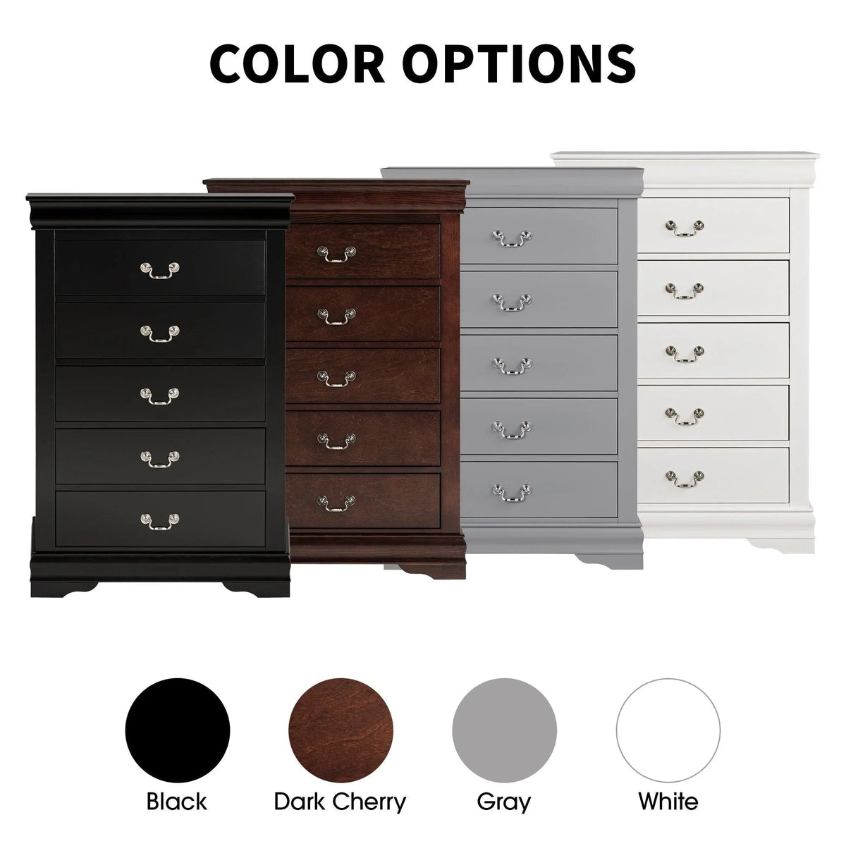 Color options for transitional 5-drawer chest: black, dark cherry, gray, white