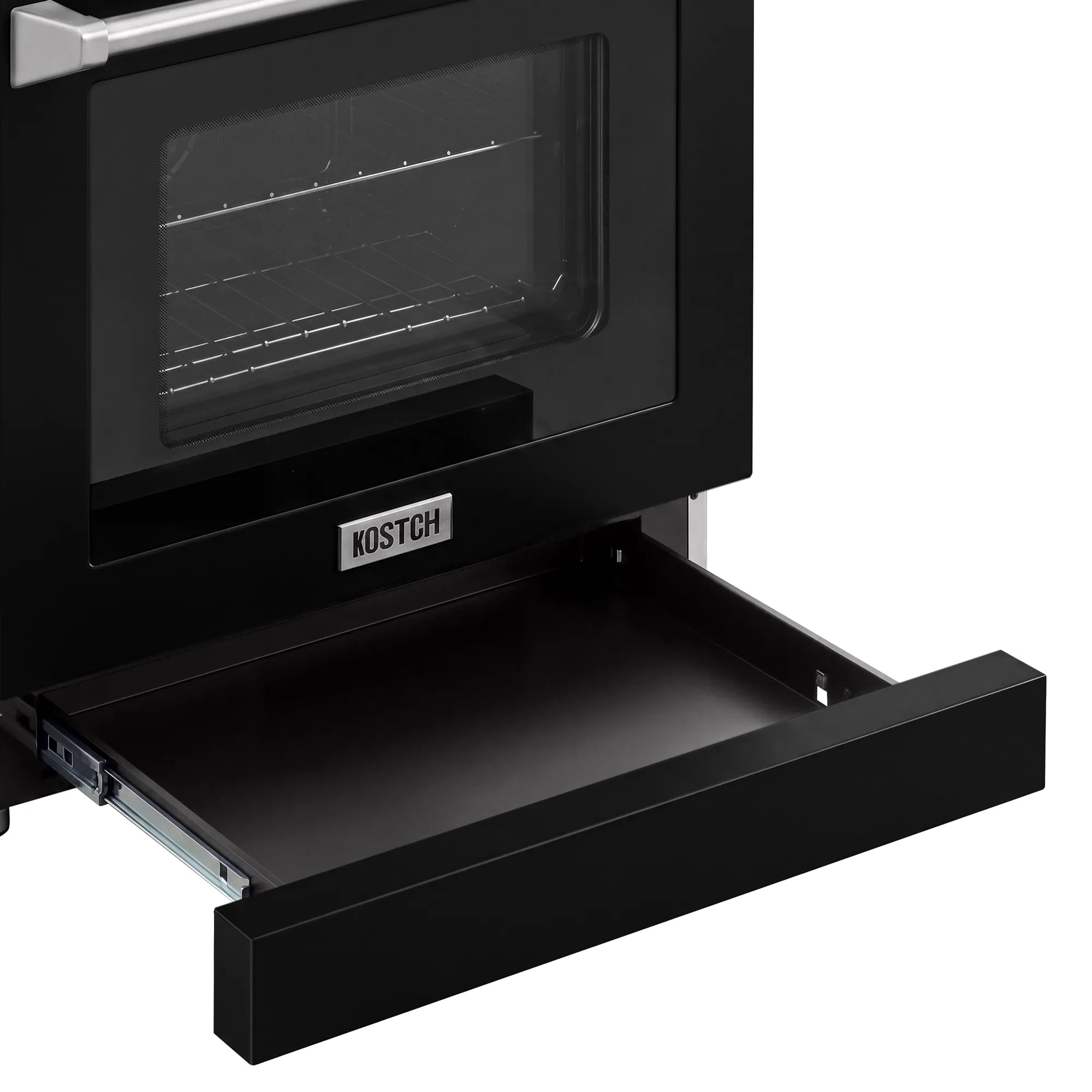 Black lower storage drawer open under the oven door on an electric range