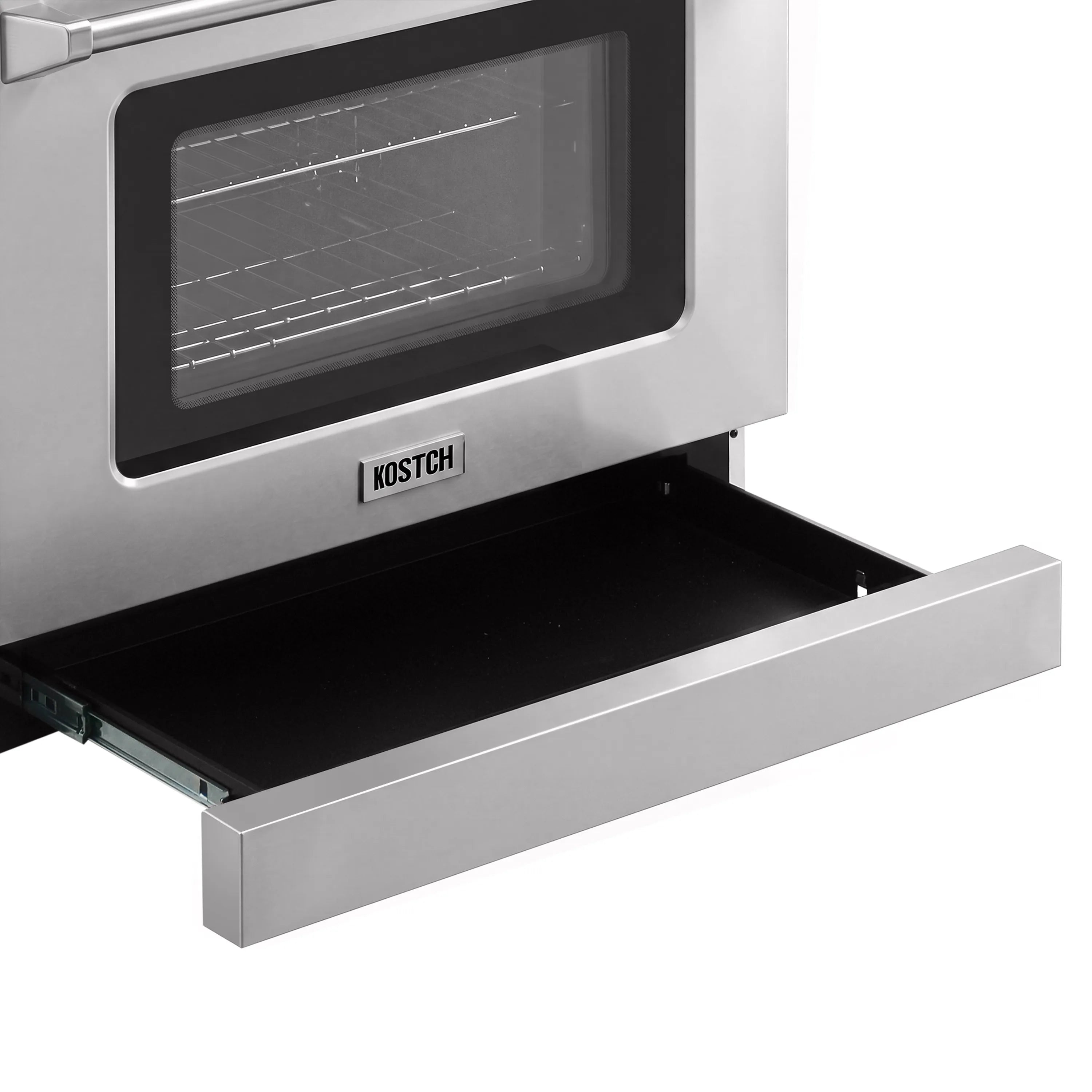 Convection oven with open stainless drawer door and interior rack supports