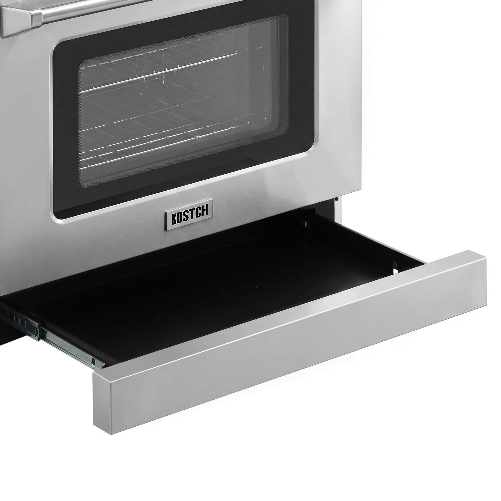 Electric range oven door open with black interior and glass window, stainless frame
