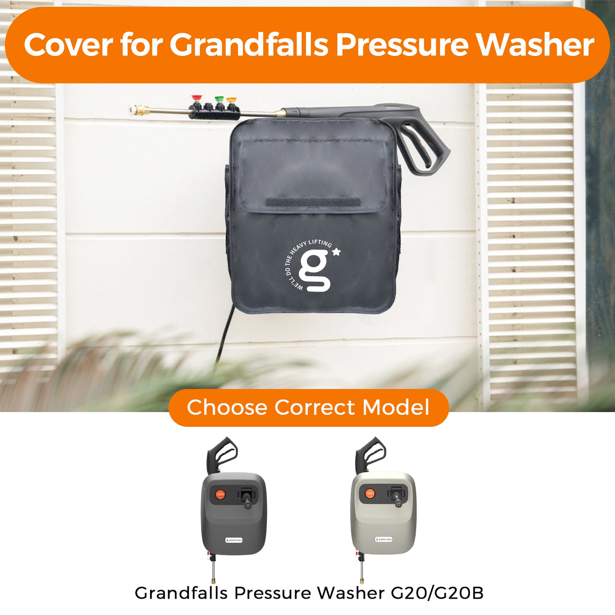 Retractable pressure washer cover bag, dark gray with orange handle loop and carry strap