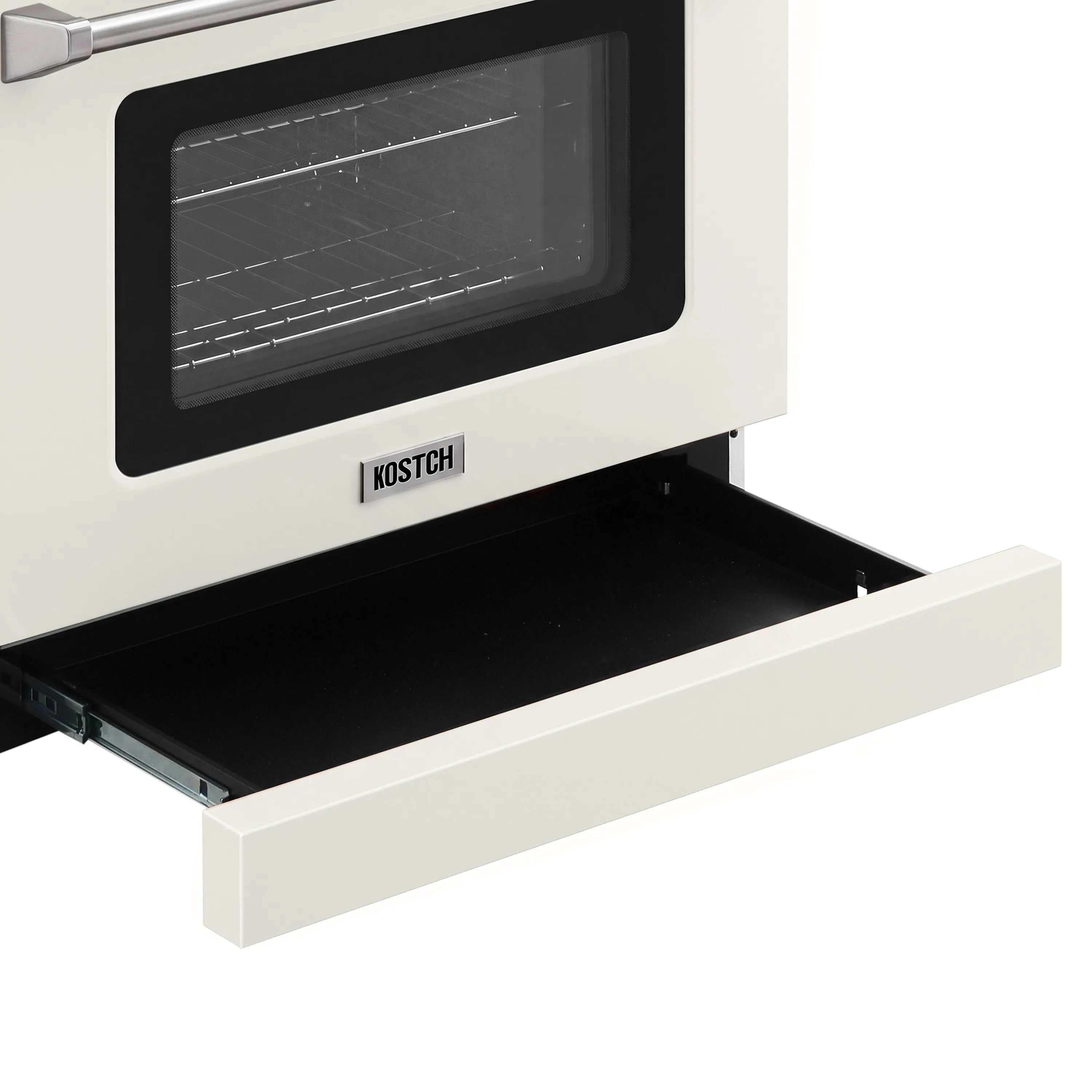 White gas range oven door open showing dark interior cavity