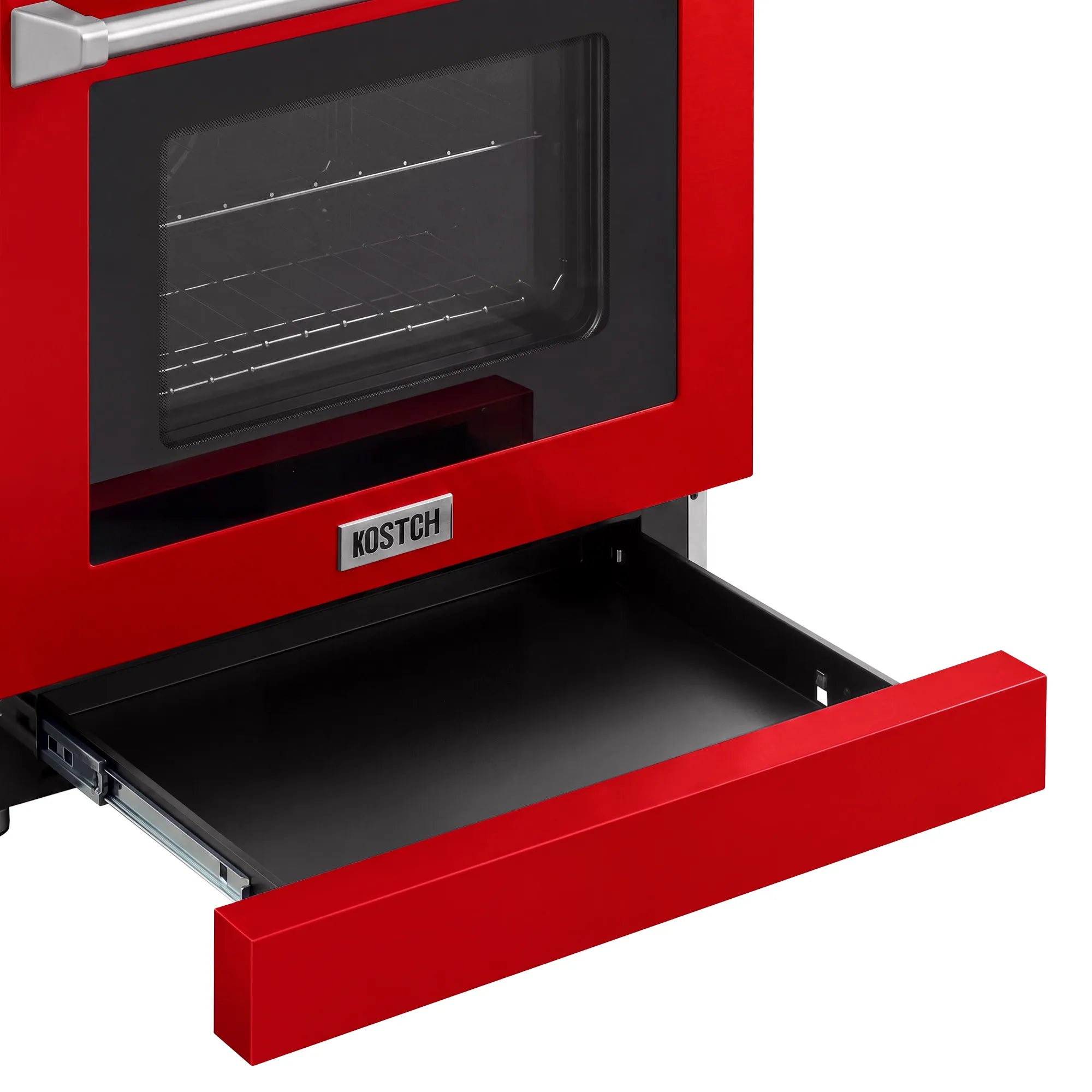 Red electric range oven door open with pull-out bake tray