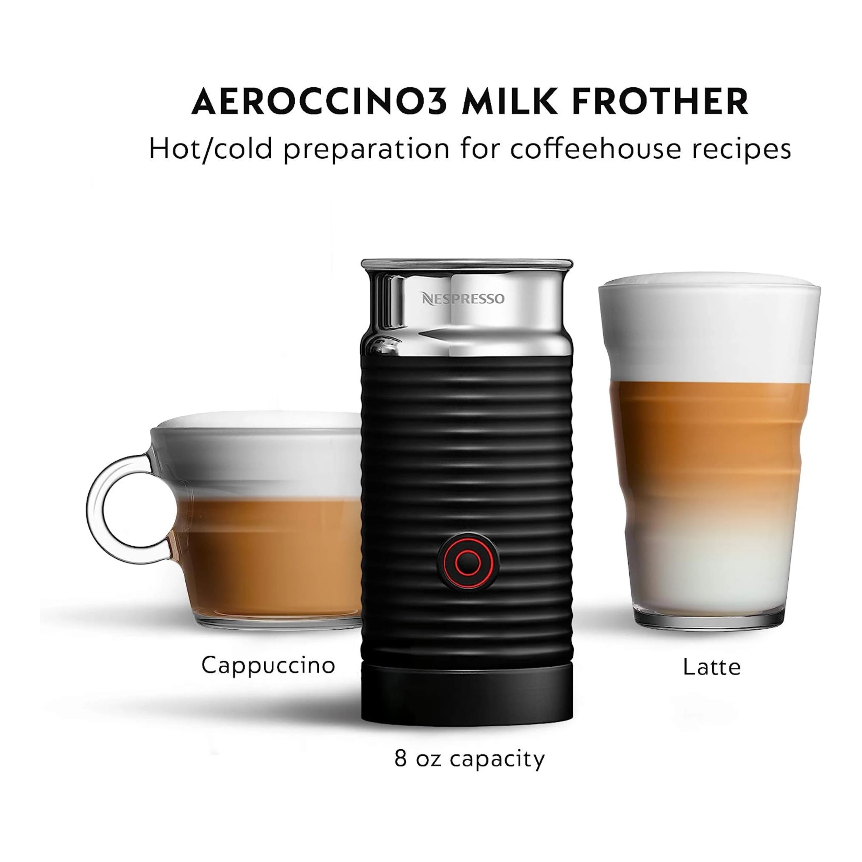 Black Aeroccino3 milk frother with two glasses of frothed coffee drinks