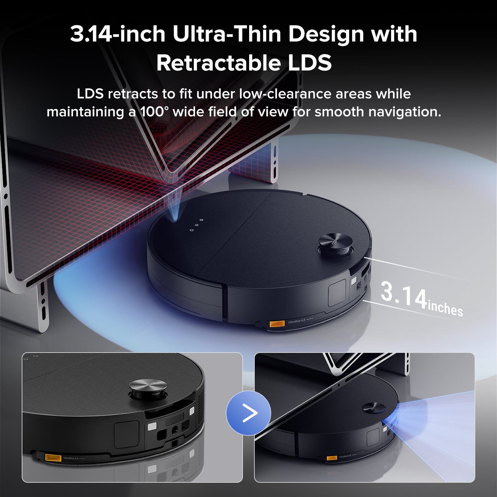 Black Roborock robot vacuum at an angle, featuring low-profile retractable LDS viewing area.