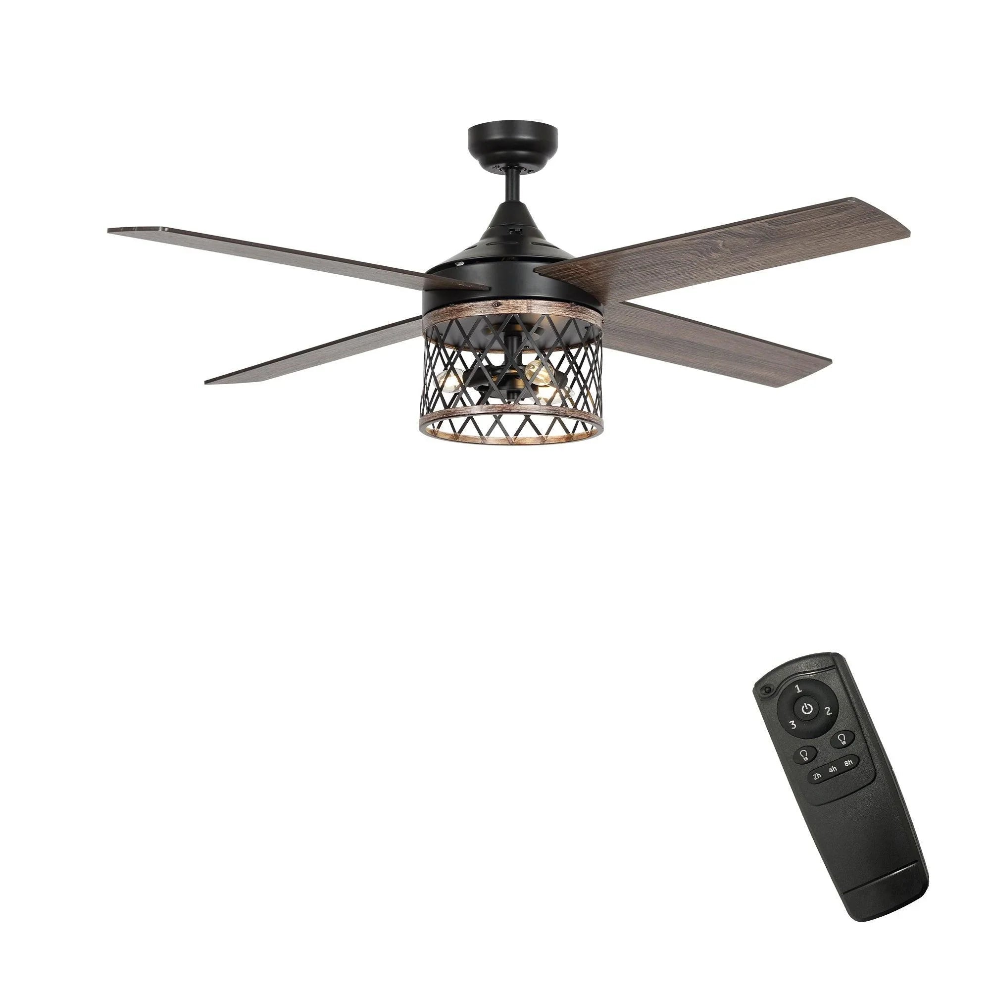 Black ceiling fan with caged light and included remote control.