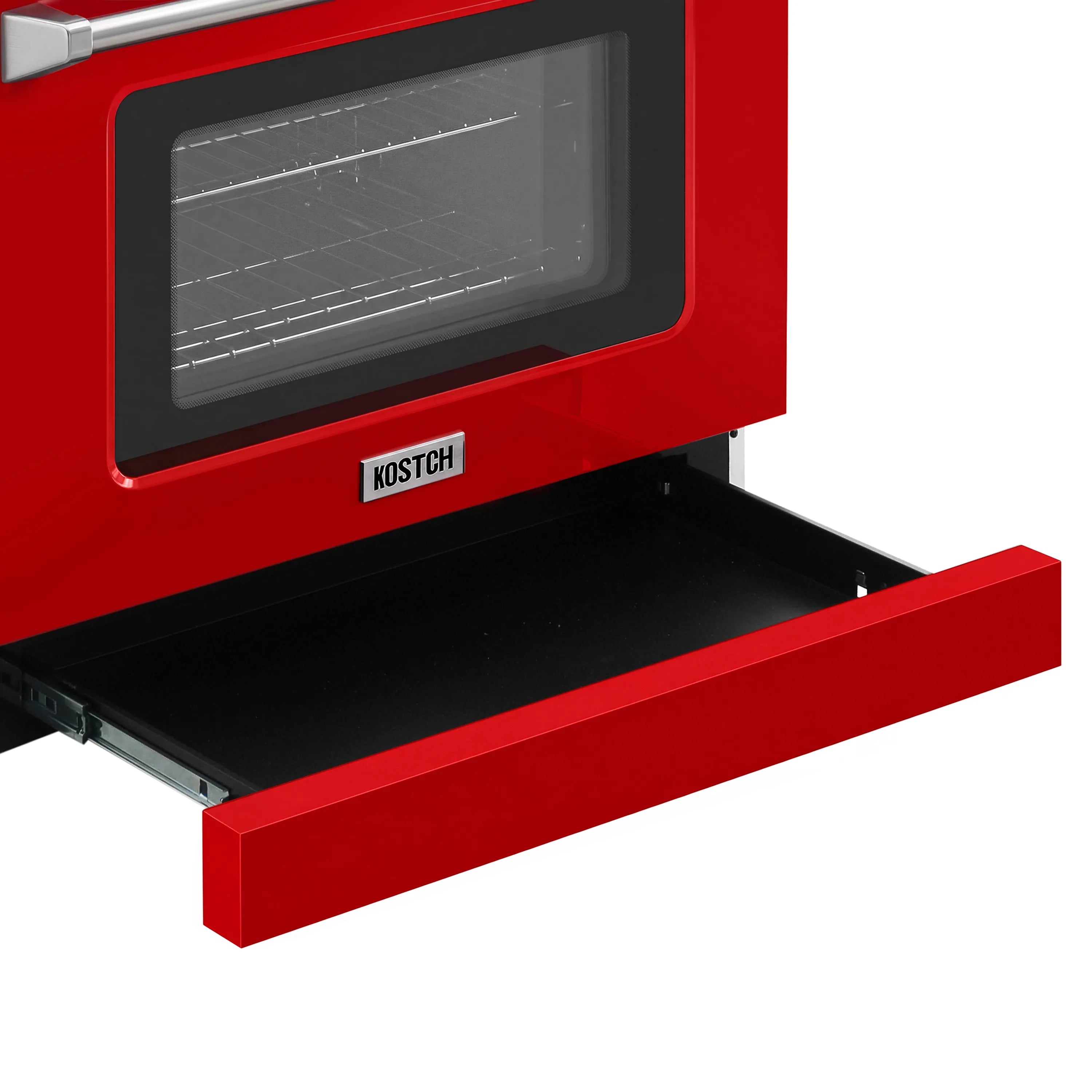 Open red convection oven door showing dark interior rack and back panel
