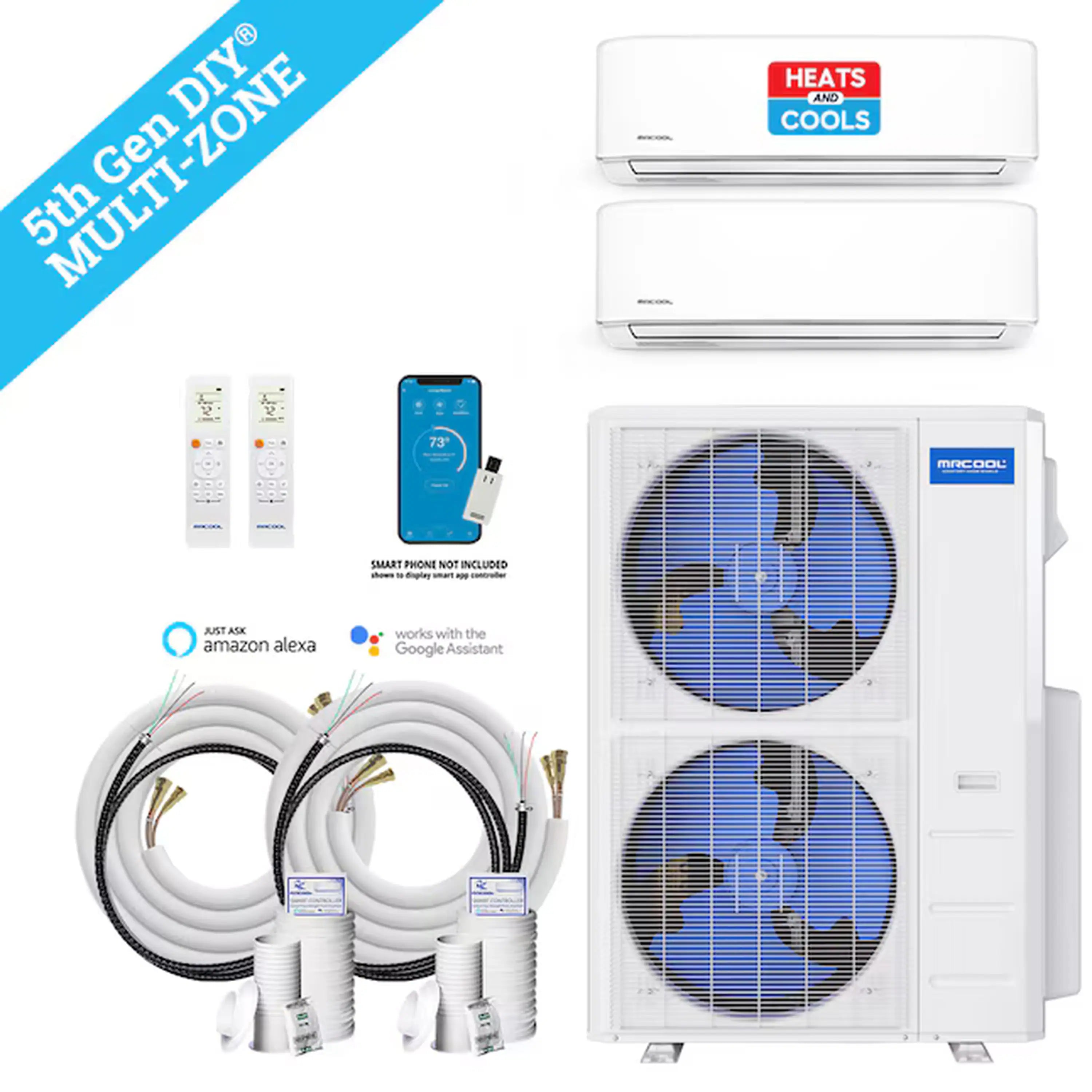 Ductless mini split kit with two indoor units, line set, remote, and outdoor unit