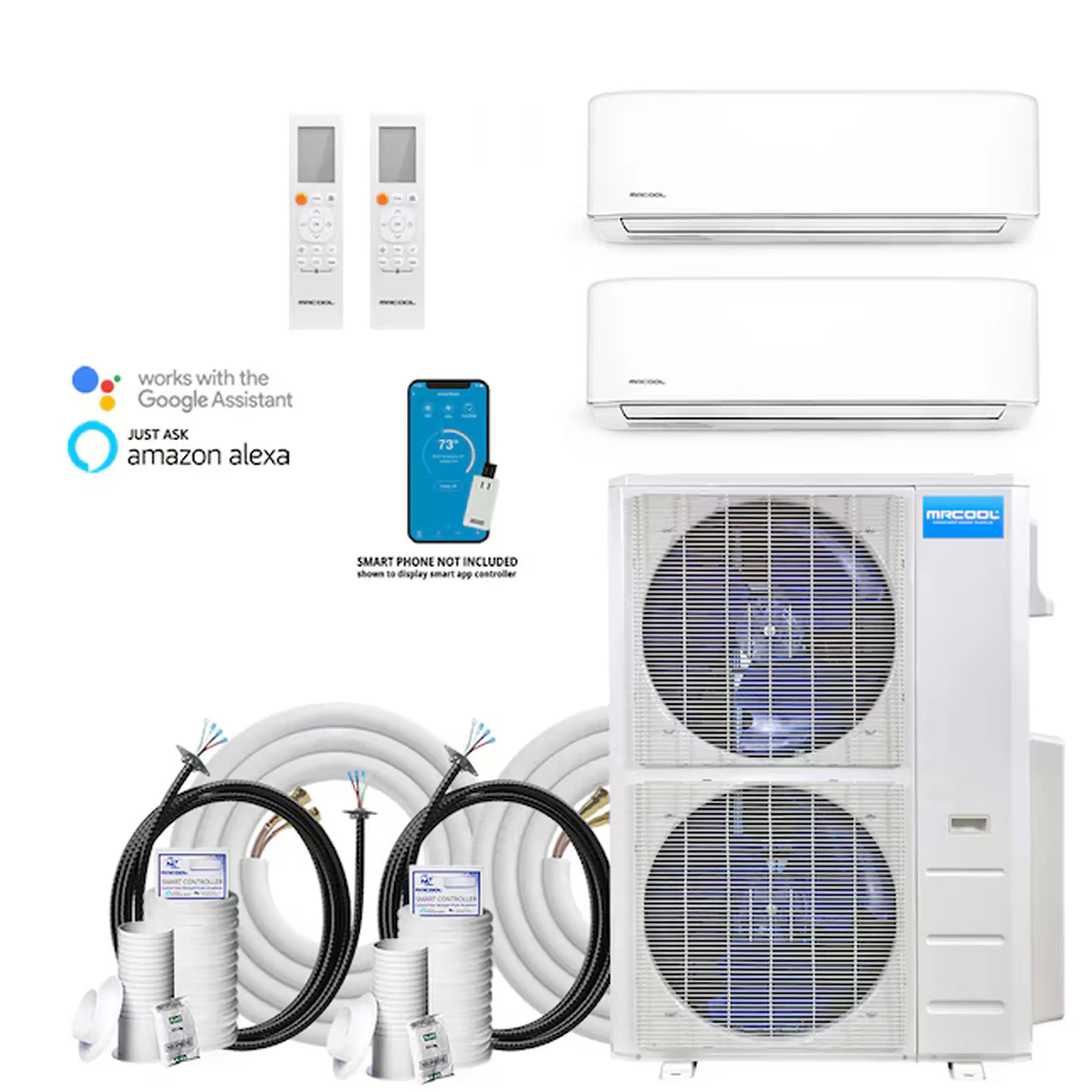 White MRCOOL 2-zone ductless mini split kit with two indoor units, outdoor unit, and line set