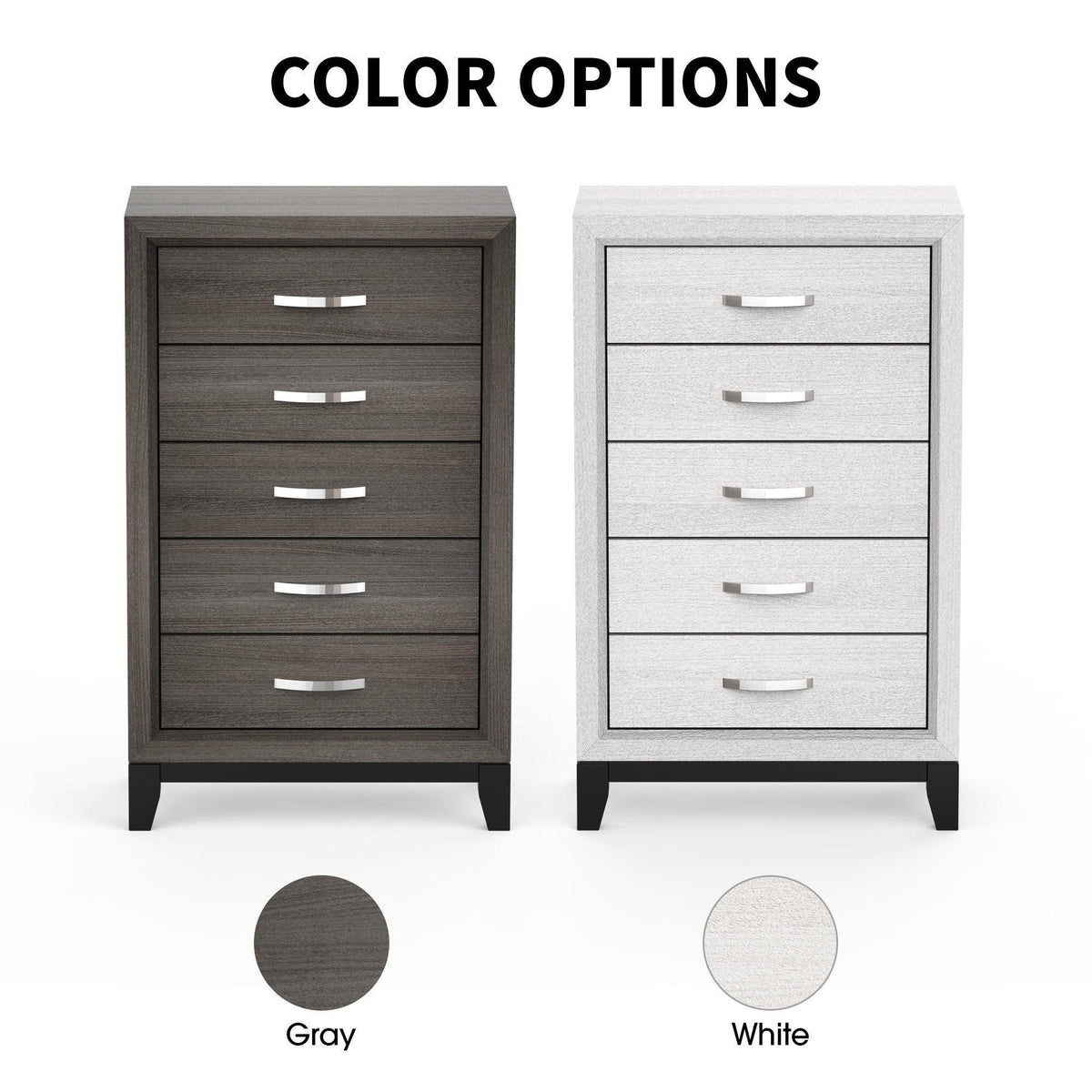 Color options: grey and white 5-drawer chests with metal bar pulls