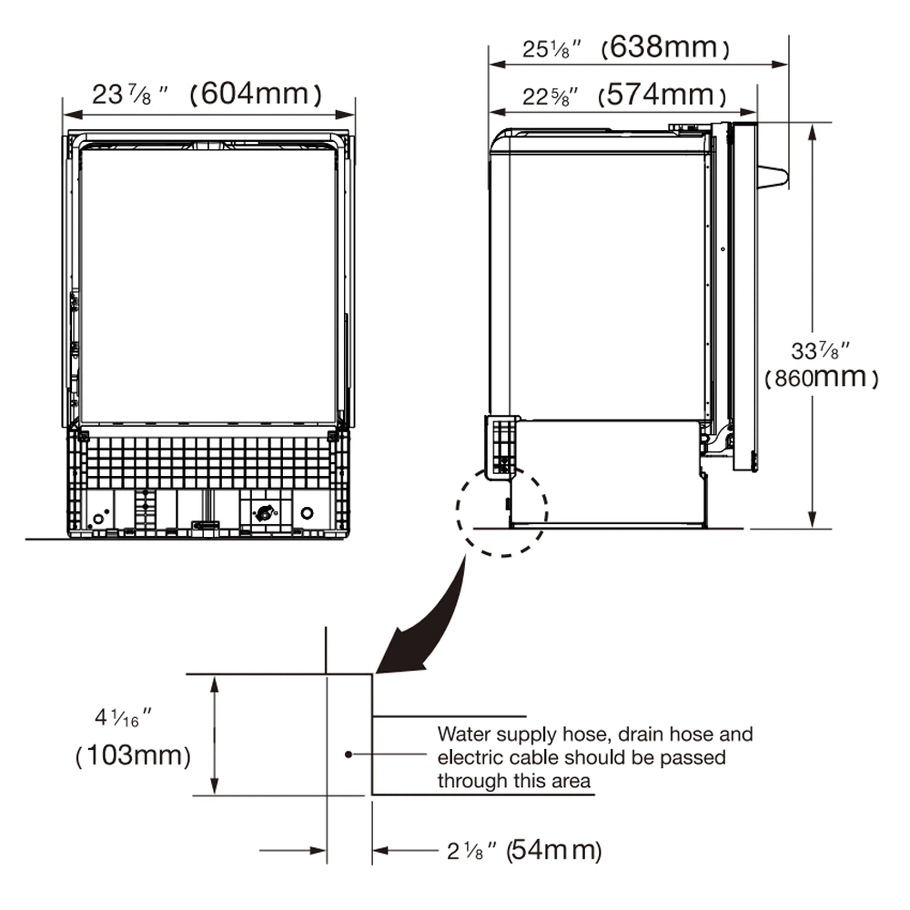 Dishwasher installation dimensions diagram with front and side measurement callouts