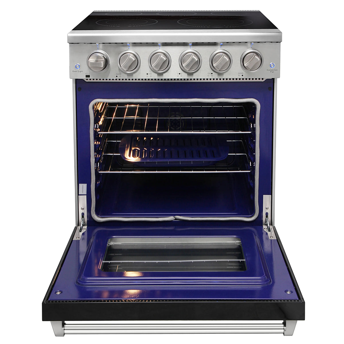Black electric range with glass cooktop, open oven door, and lit heating elements