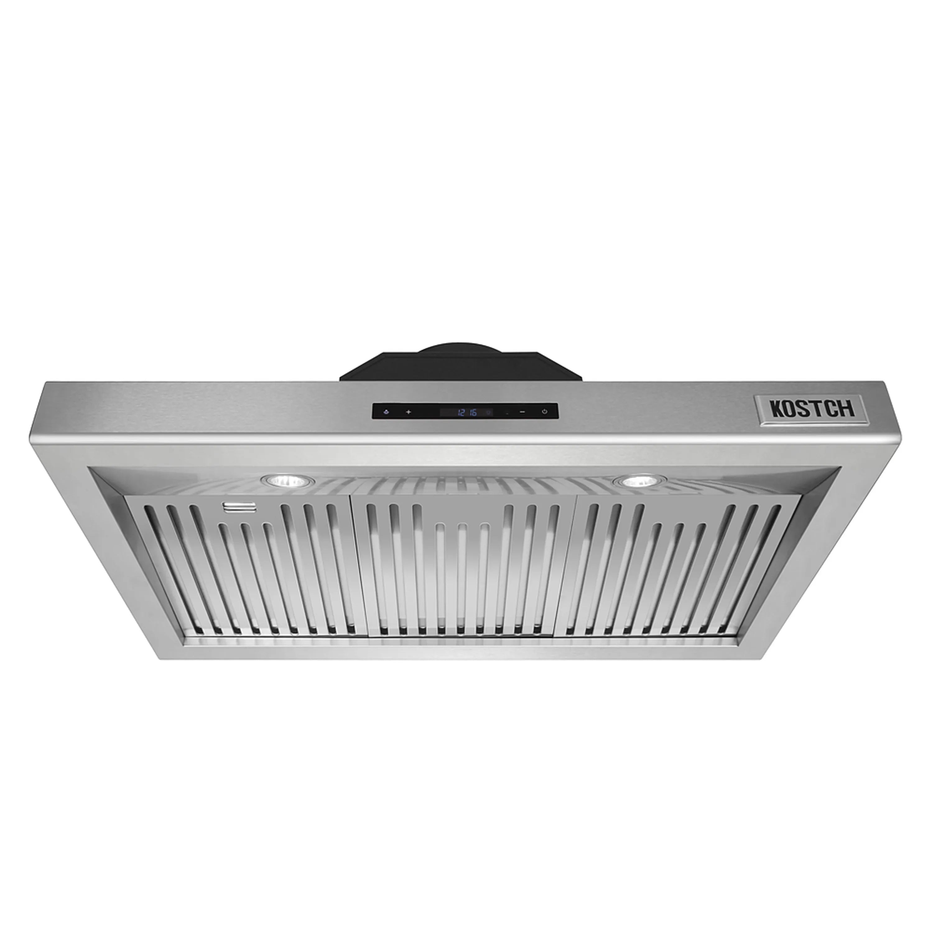 Stainless steel 36-inch range hood with front vent grille and control panel