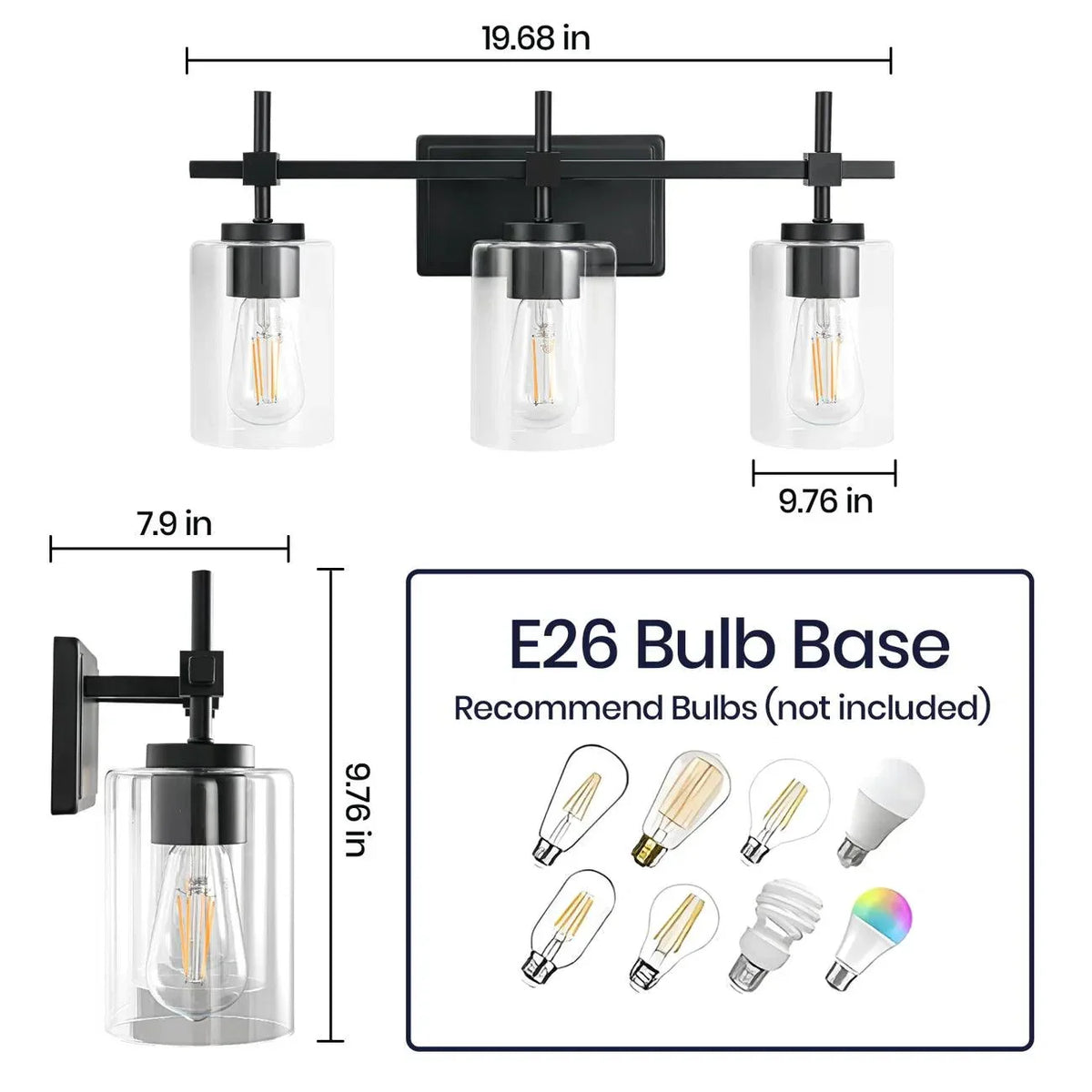Black 3-light vanity light dimensions with clear glass shades and E26 bulb base info