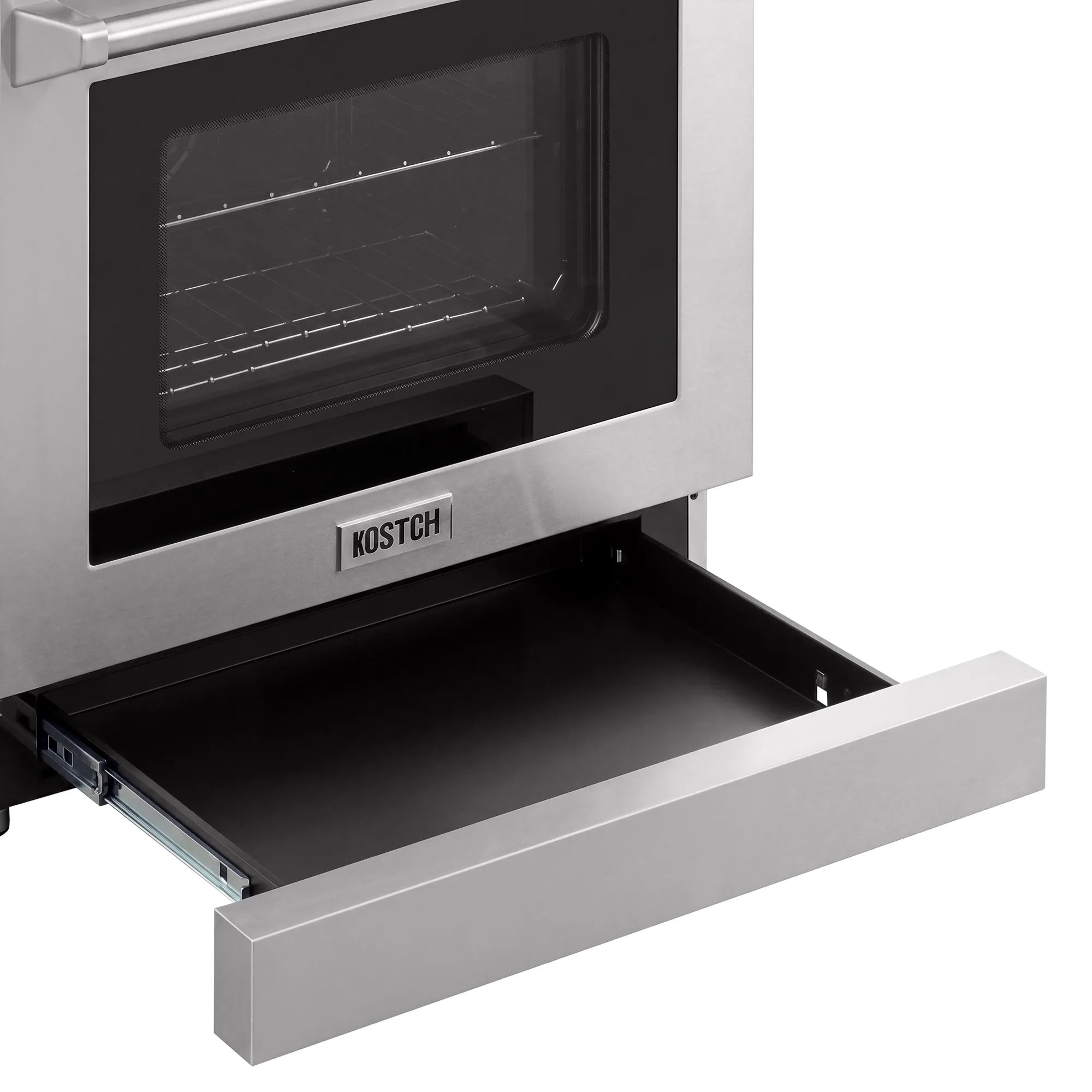 Electric oven door open to broiler cavity with wire rack and inner tray