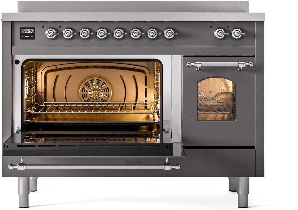 Matte graphite electric induction range with chrome knobs and side oven door open