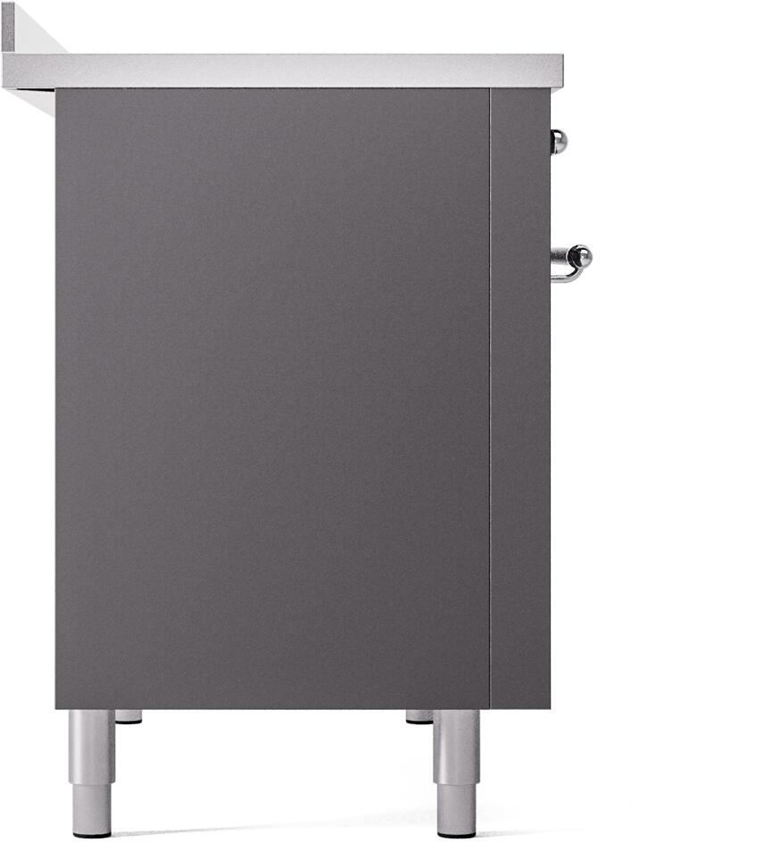 Matte graphite cabinet side panel of an electric induction range with leveling feet