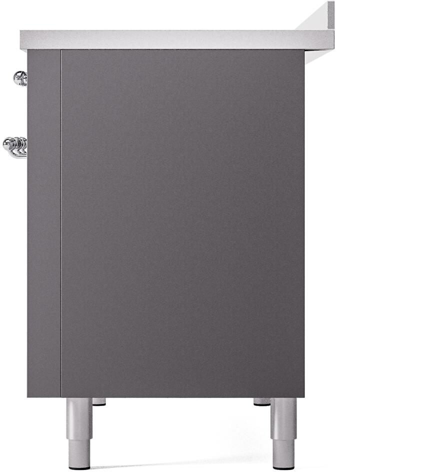 Matte graphite cabinet base panel of an electric induction range with chrome side handle