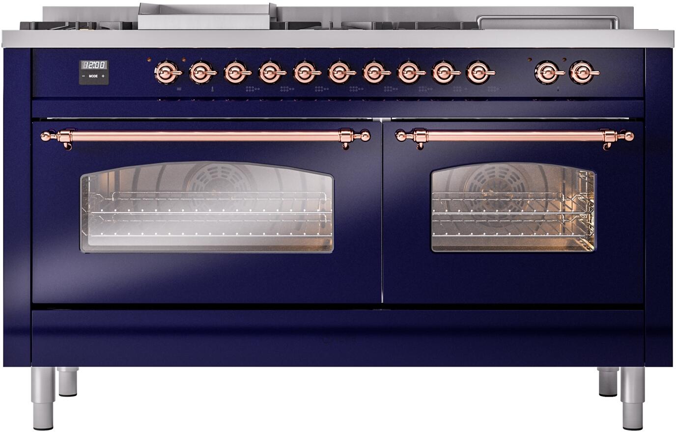 Midnight blue dual fuel range with griddle glass and two closed glass oven doors
